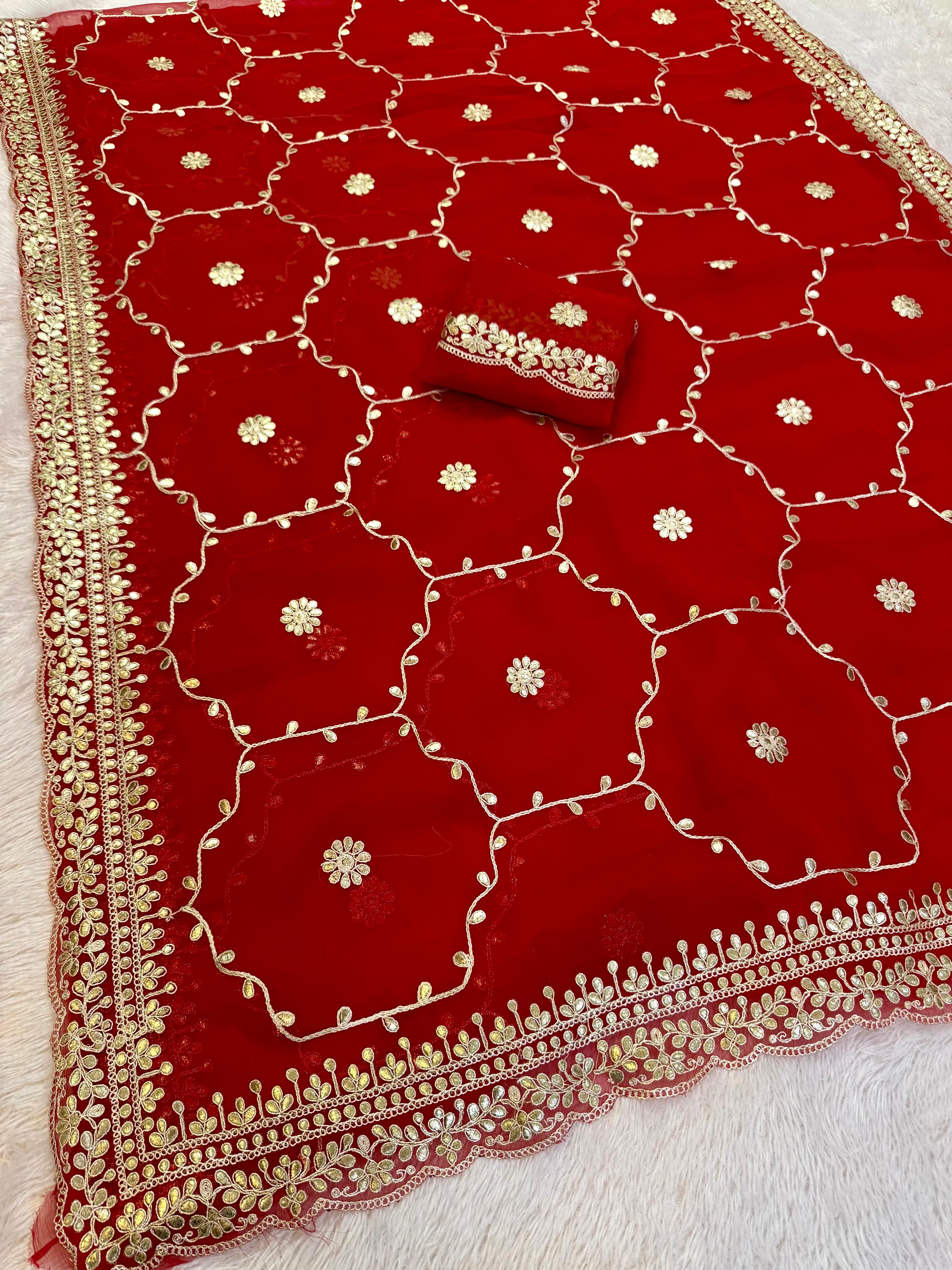 Traditional Semi Chiffon Saree With Jarman Gottapatti Work
