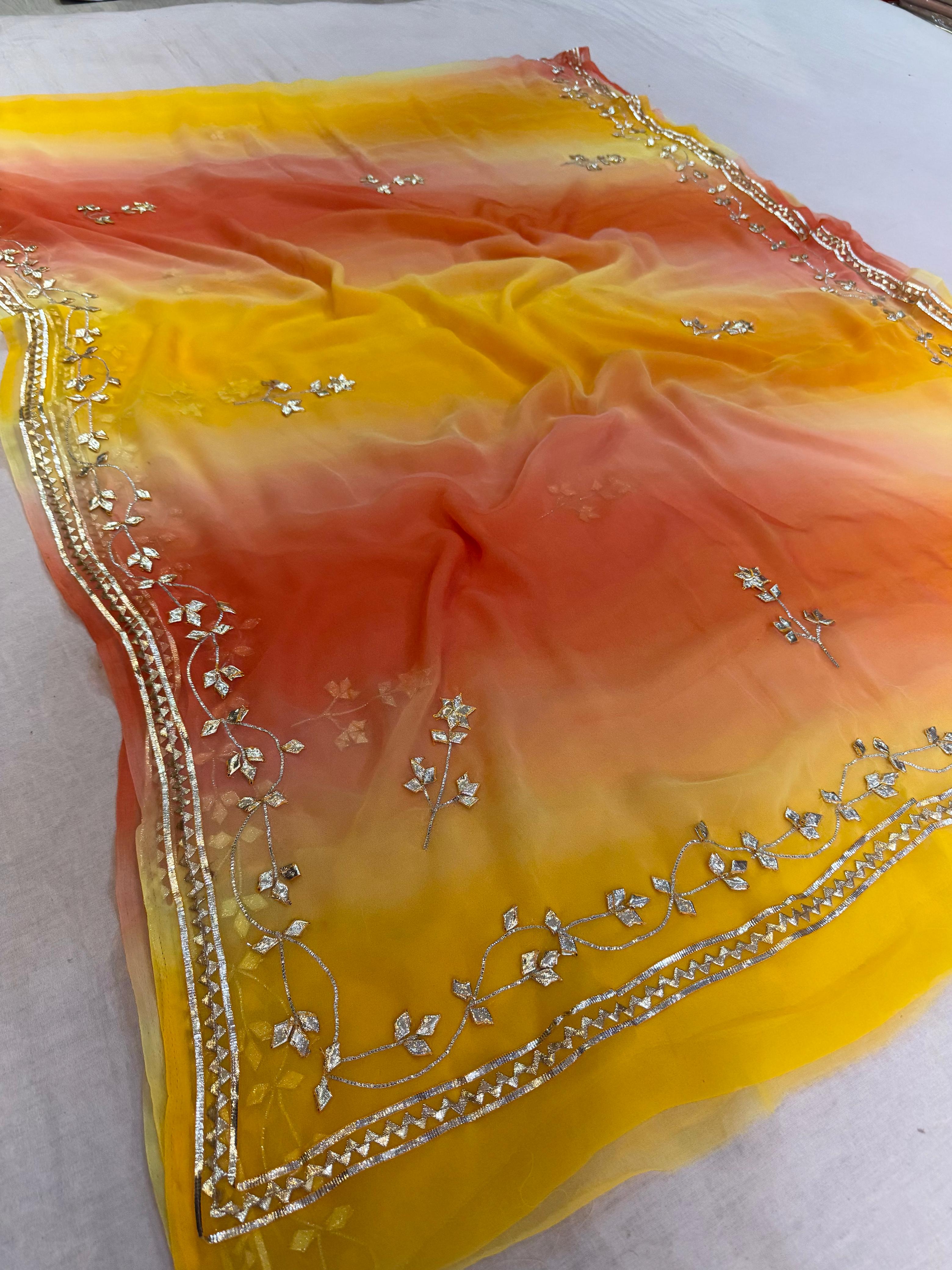 Beautiful Semi Chiffon Multi Dye Saree With Gottapatti Work
