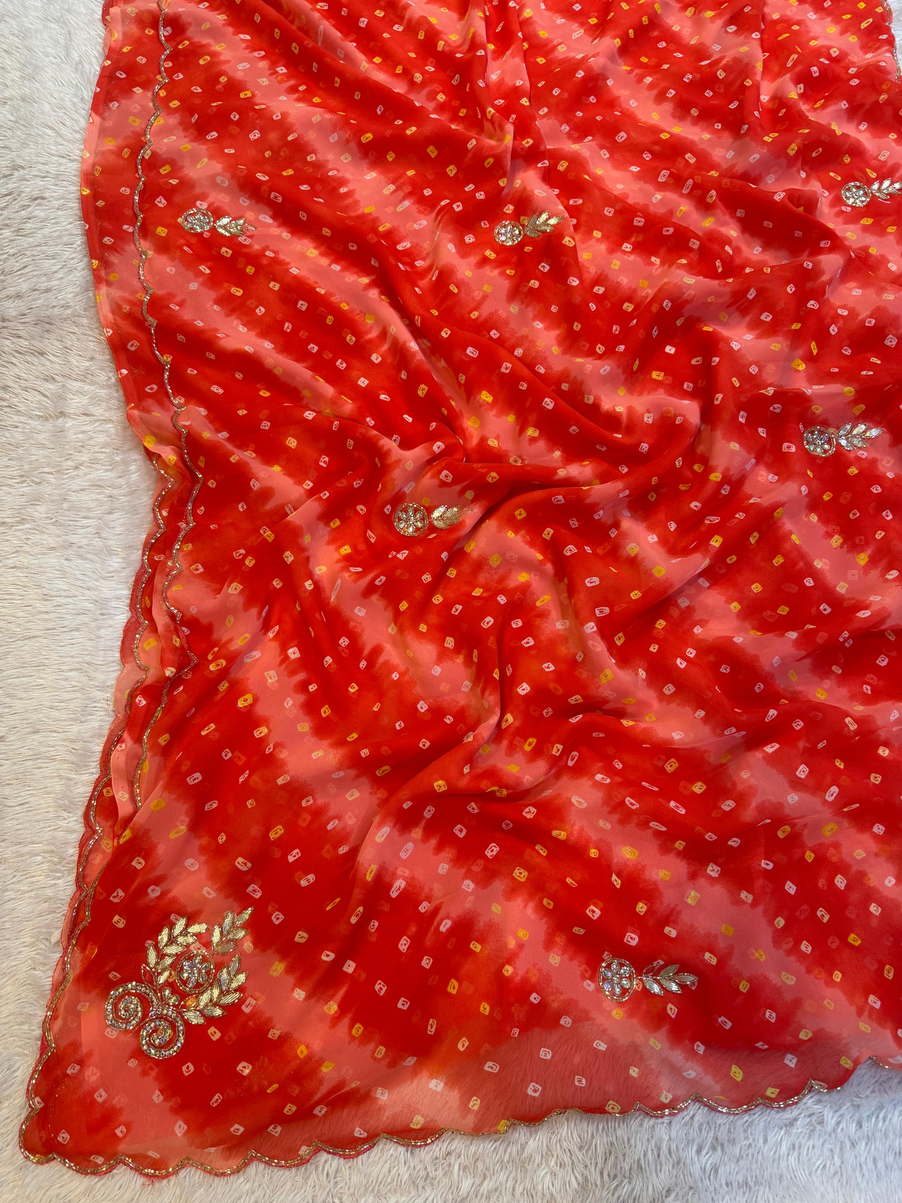 Beautiful Semi Chiffon Saree With Handwork And Hand Bhandej
