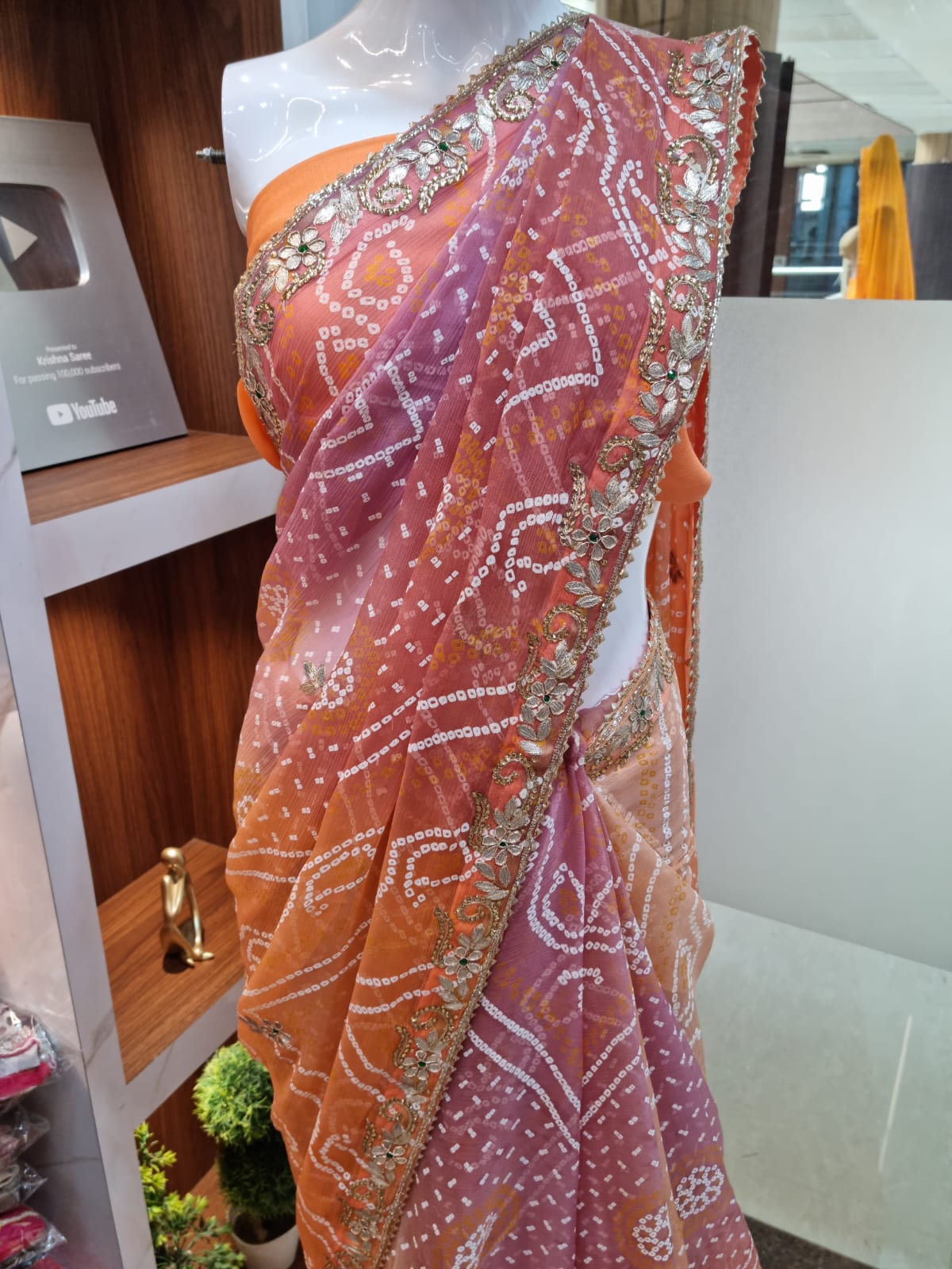Pure Chiffon Shaded Bandhej Print Saree Along with Handwork