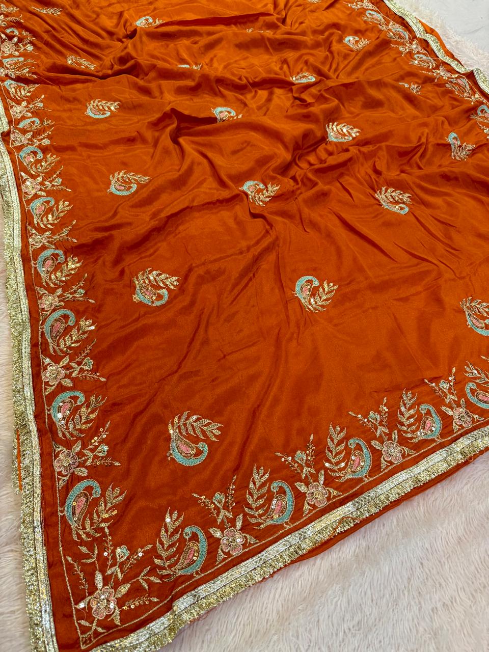 Latest Semi Chinon Saree With Handwork