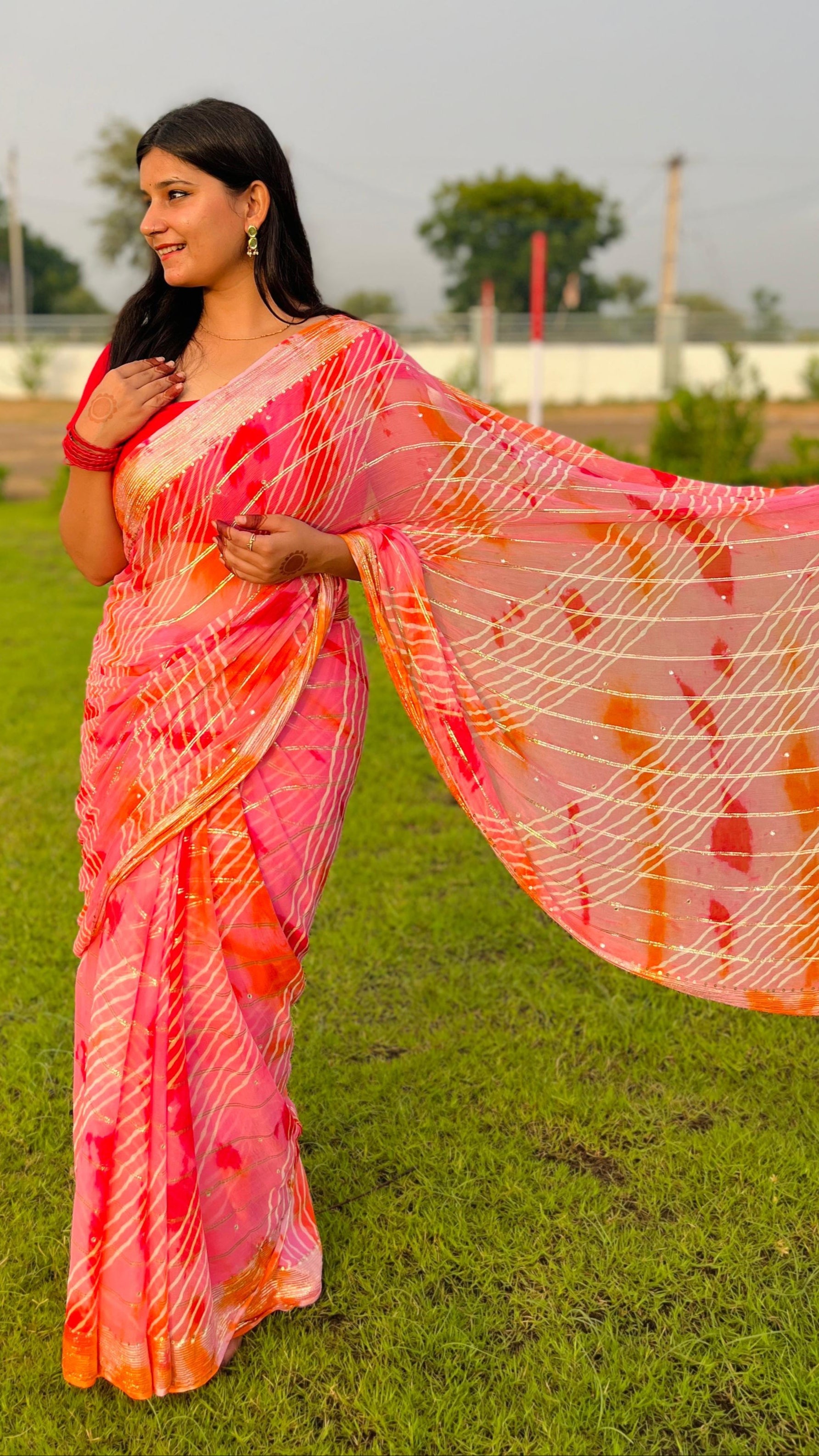 Designer Pure Chiffon Lahriya Saree With Handwork