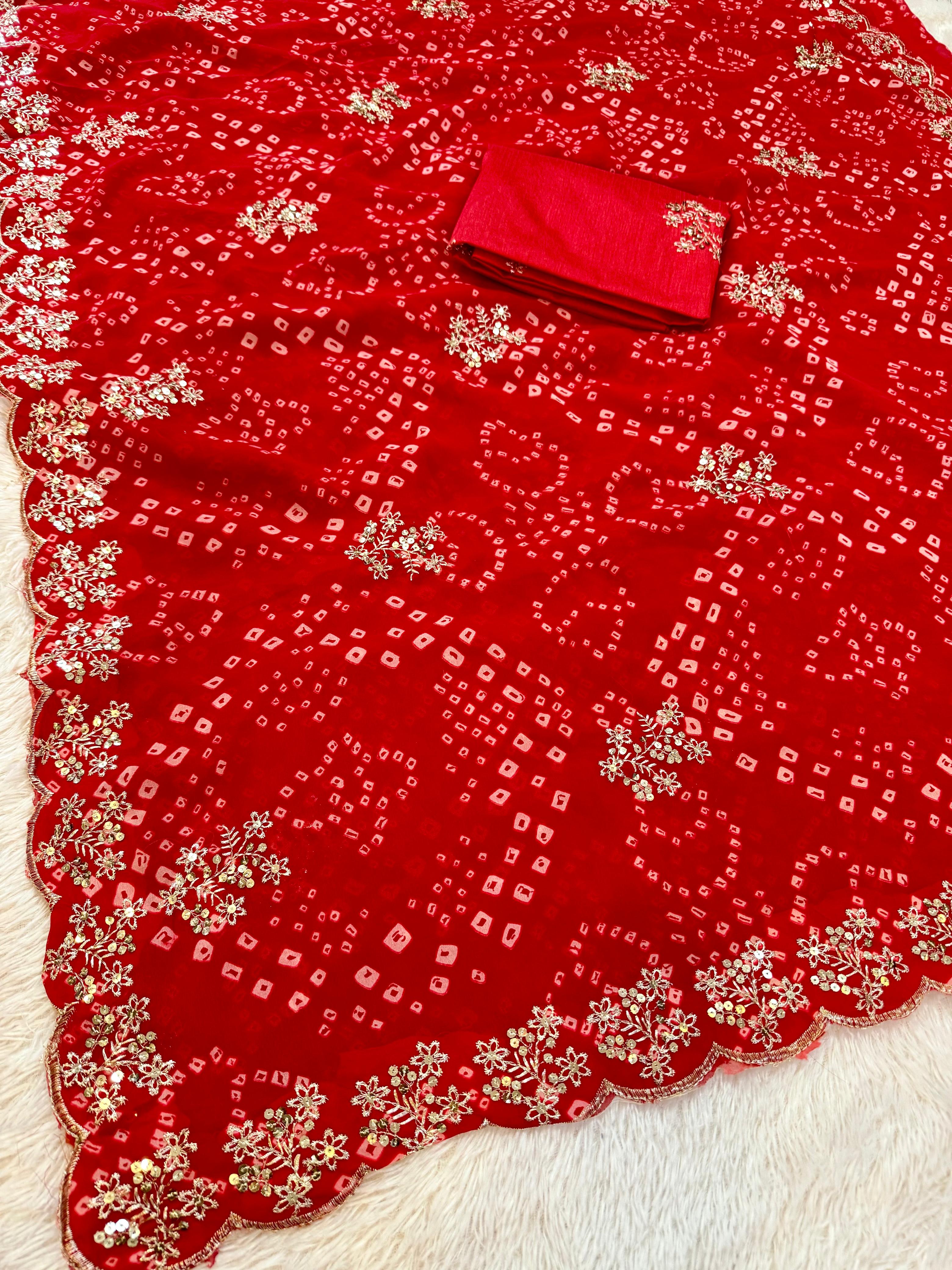 Traditional Georgatte  Bandhej Print Saree With Handwork