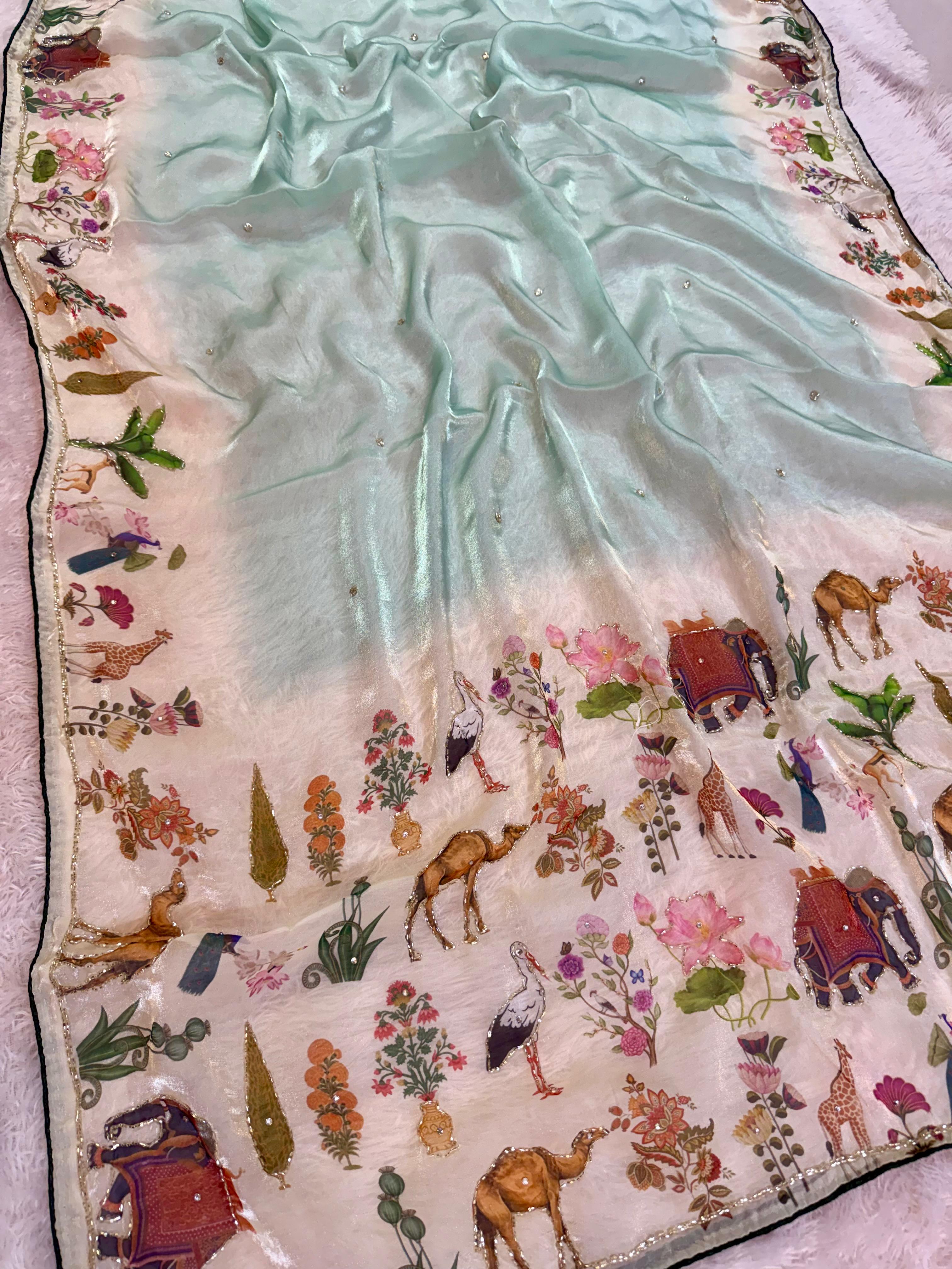 Premium Glass Tissue Saree With Handwork