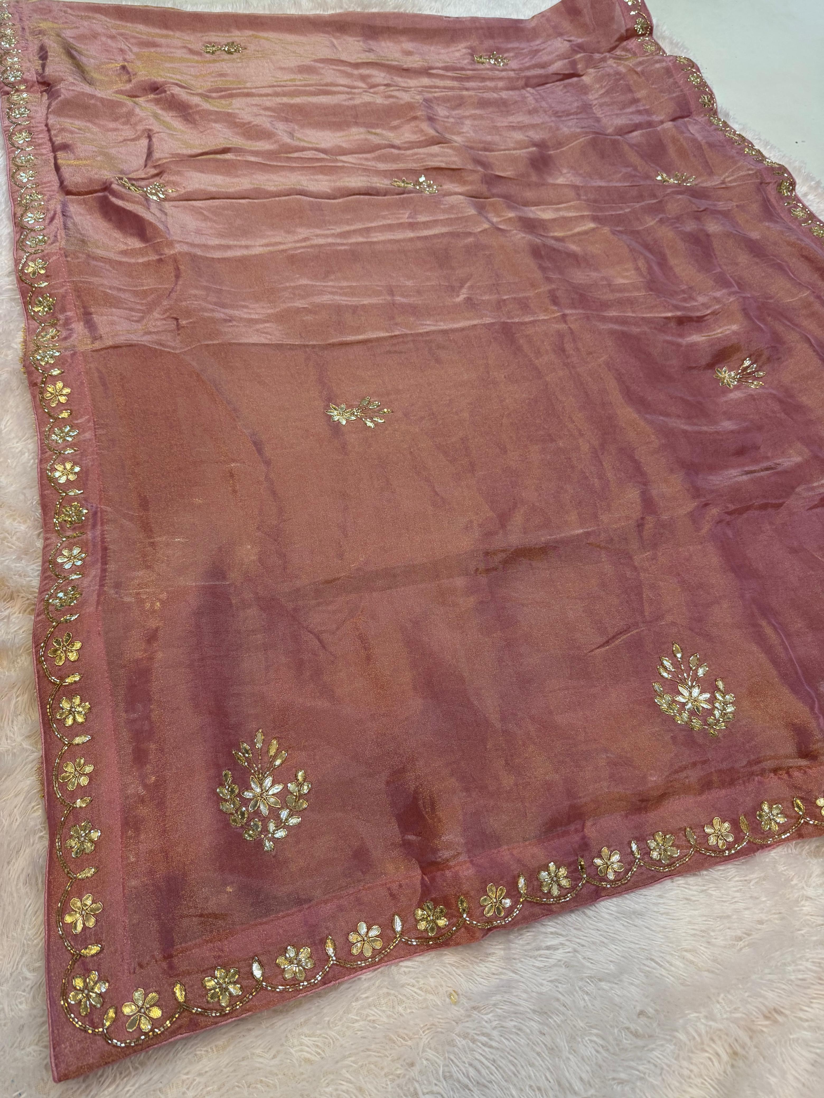 Traditional Tissue Cosmos Febric Saree With Handwork