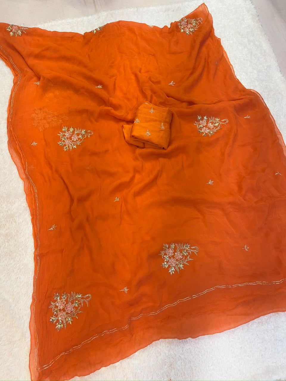 Beautiful Pure Chiffon Saree With Handwork