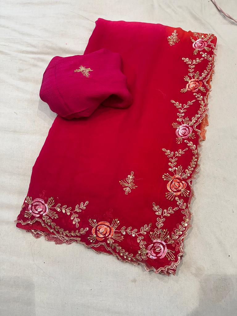 Beautiful Pure Chiffon Saree With Handwork X Box Dye