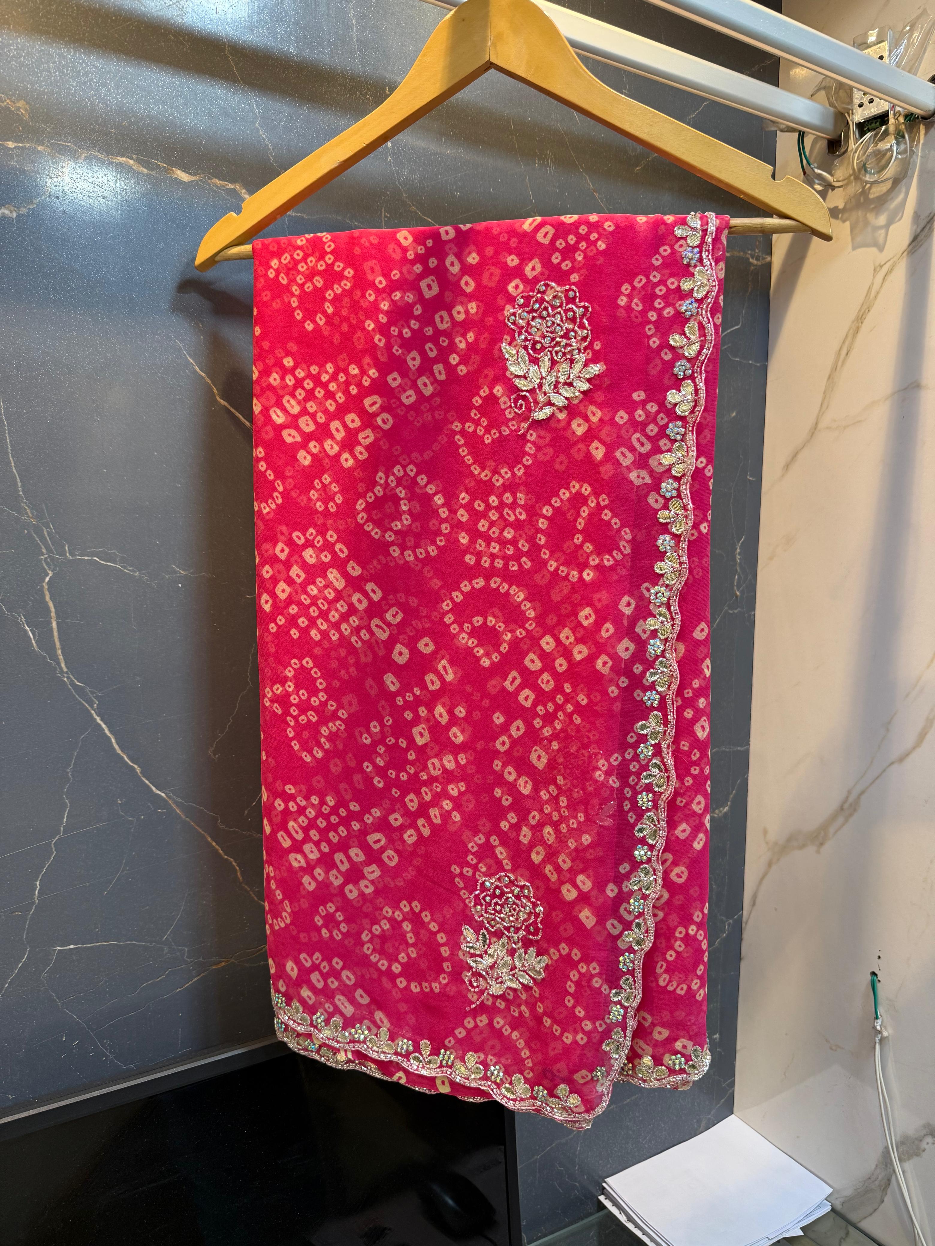 Beautiful Weightless Georgatte  Bandhani  saree With Handwork