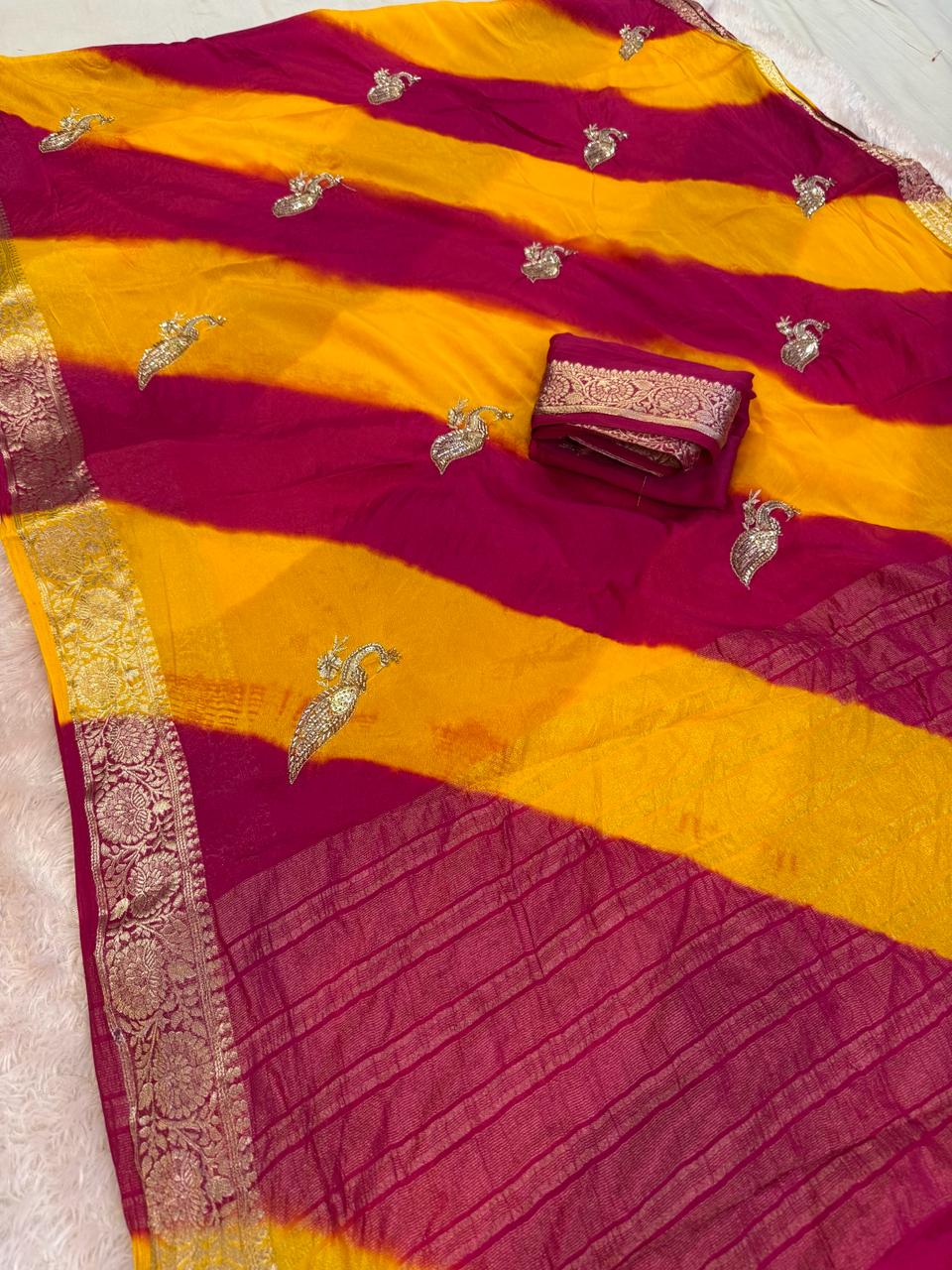 Designer Semi Chinon Lahariya Saree With Handwork