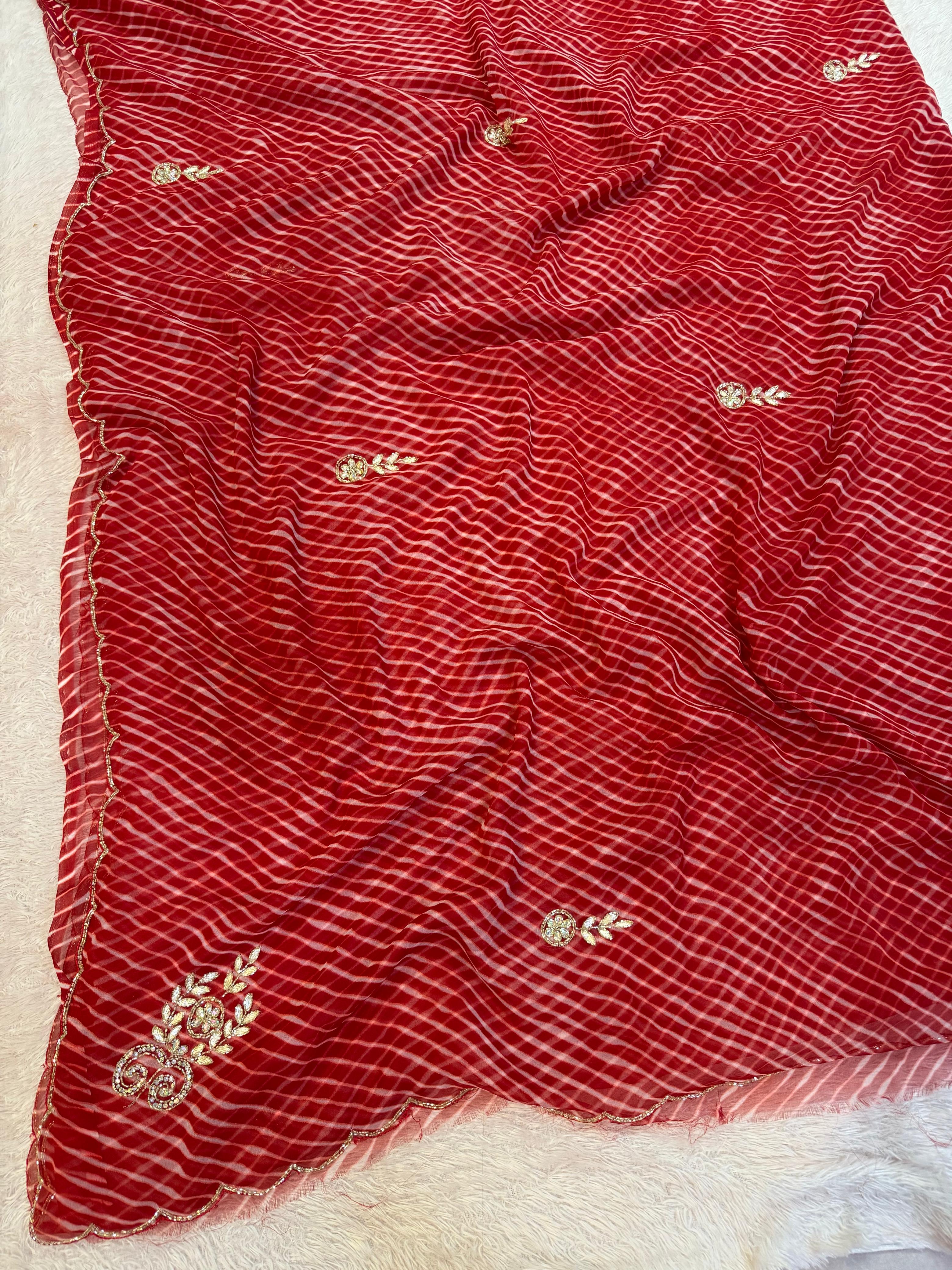 Trending Lehriya Saree with Designer Floral Handwork