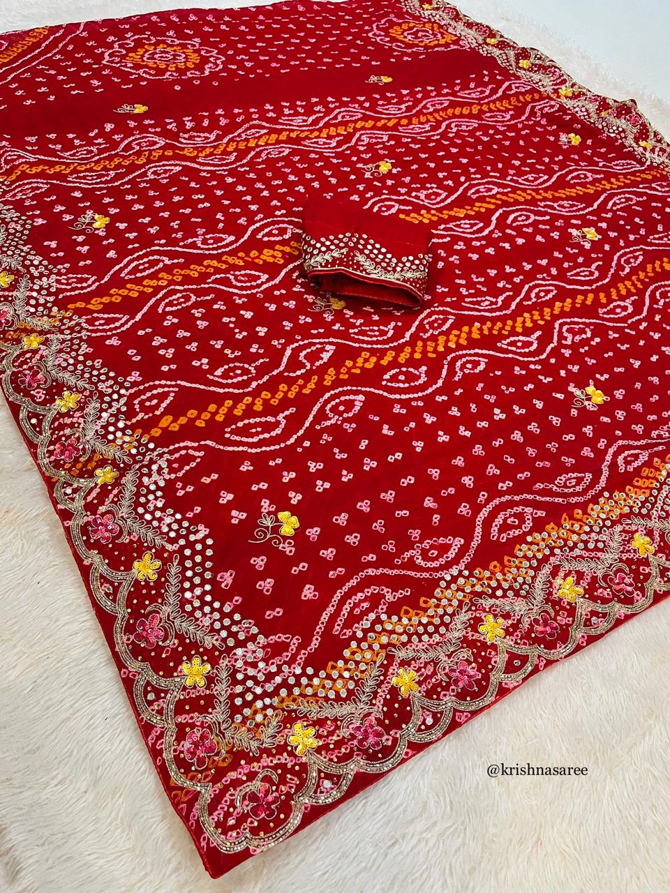 Traditional Pure Ojariya  Hand Bandhej Saree With Handwork