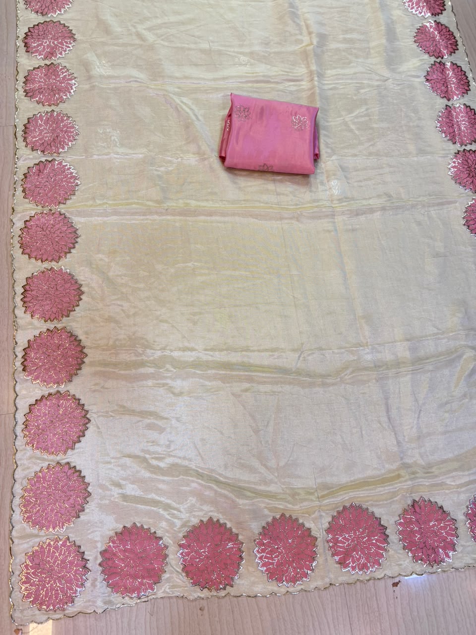 Golden Butter Tissue Saree with Silver Floral Cutwork Border