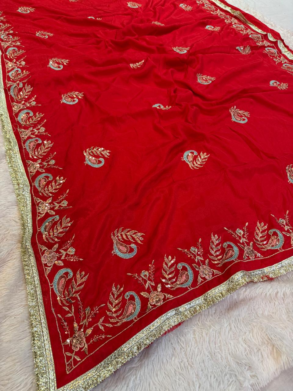 Latest Semi Chinon Saree With Handwork