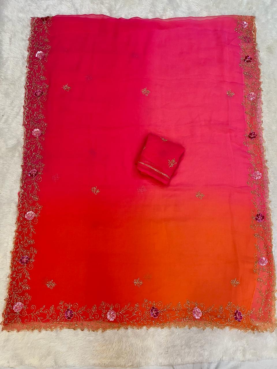 Chiffon Saree With Premium Handwork X Multi Jaipuri Dye