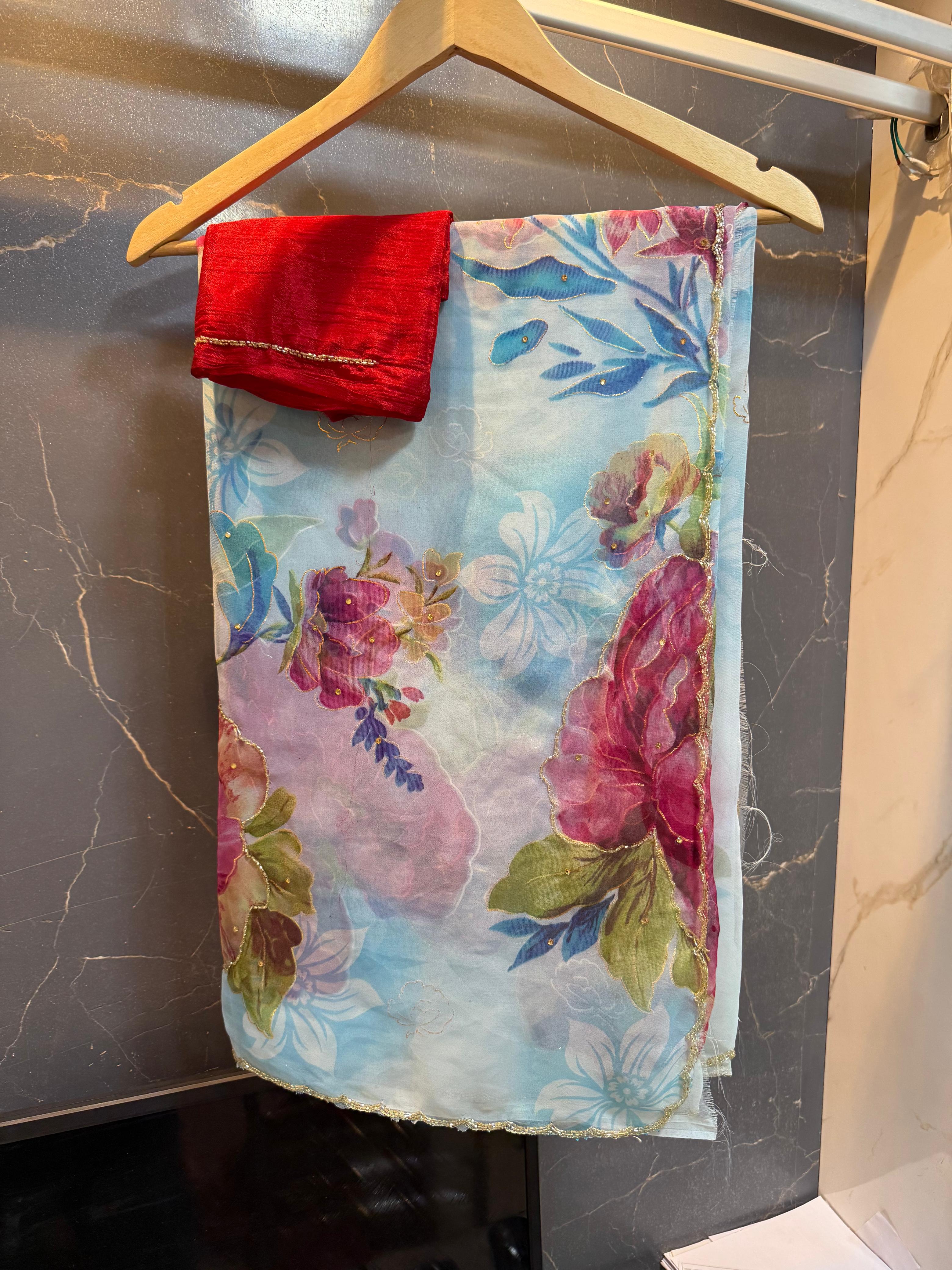 Beautiful Georgette Flower Print Saree With Handwork Touching