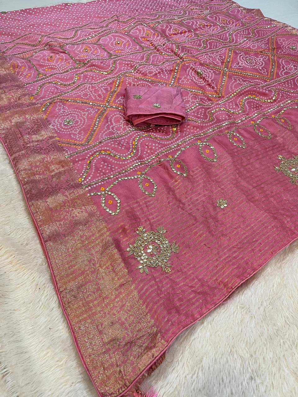 Dolla Silk Saree With Bandani Table Print X Handwork Touching