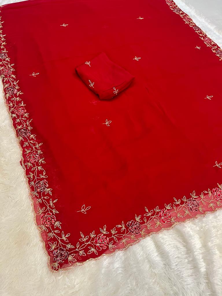 Beautiful Pure Chiffon Saree With Handwork