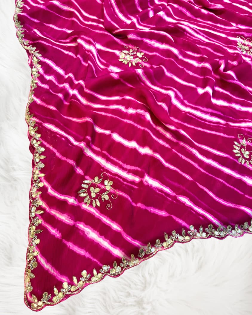 Beautiful Chiffon Leheriya Saree with Designer Lace Border