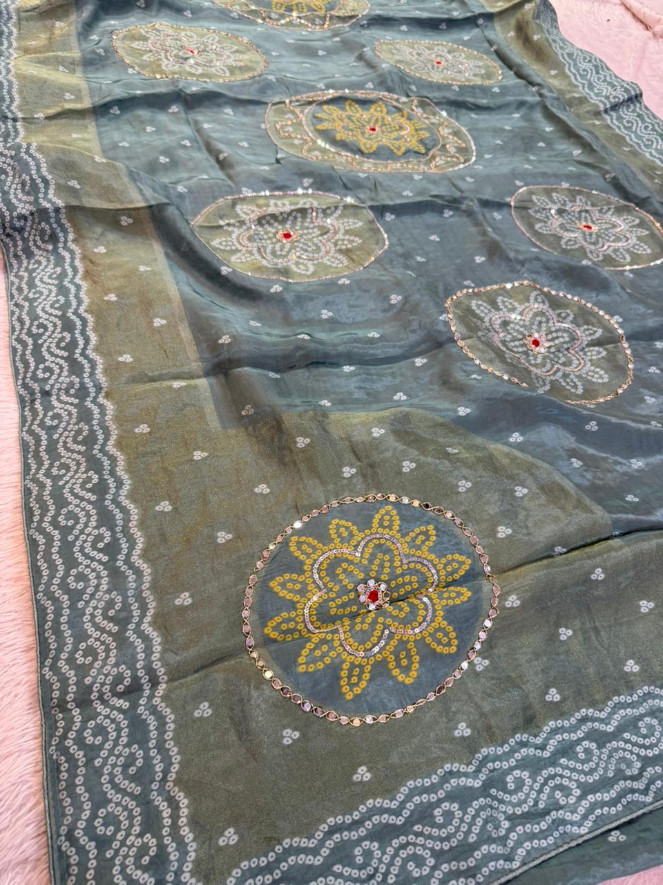 Beautiful H O Silk X Tissue Febric  Saree With Handwork