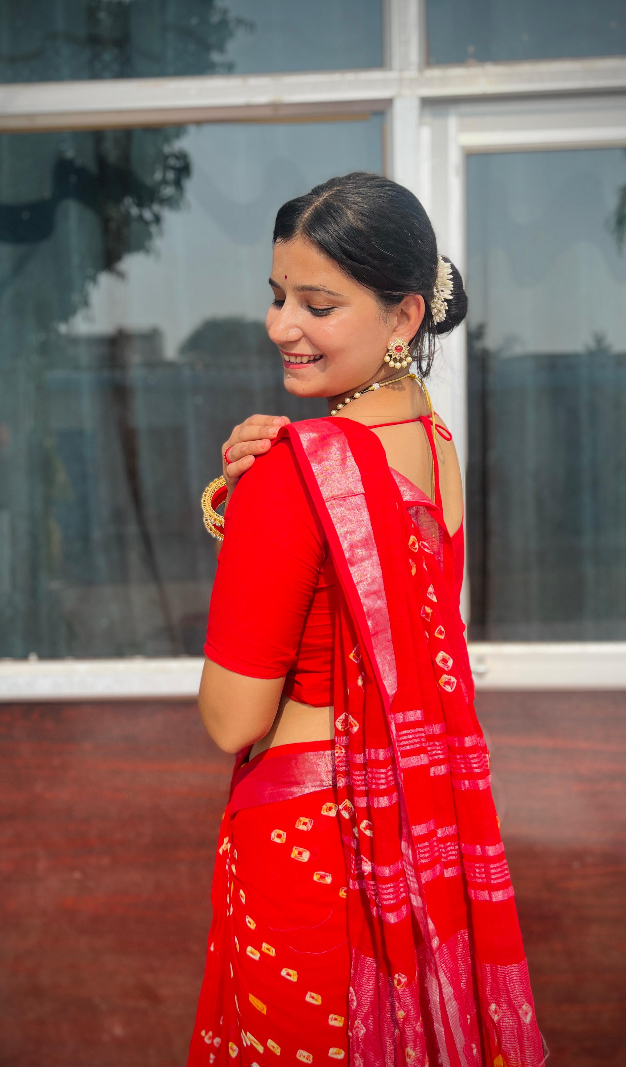 Linan Cotton Saree Hand Bandhej Jaipuri Design