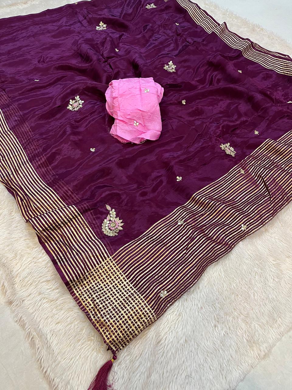 Beautiful H O Silk Saree With Handwork