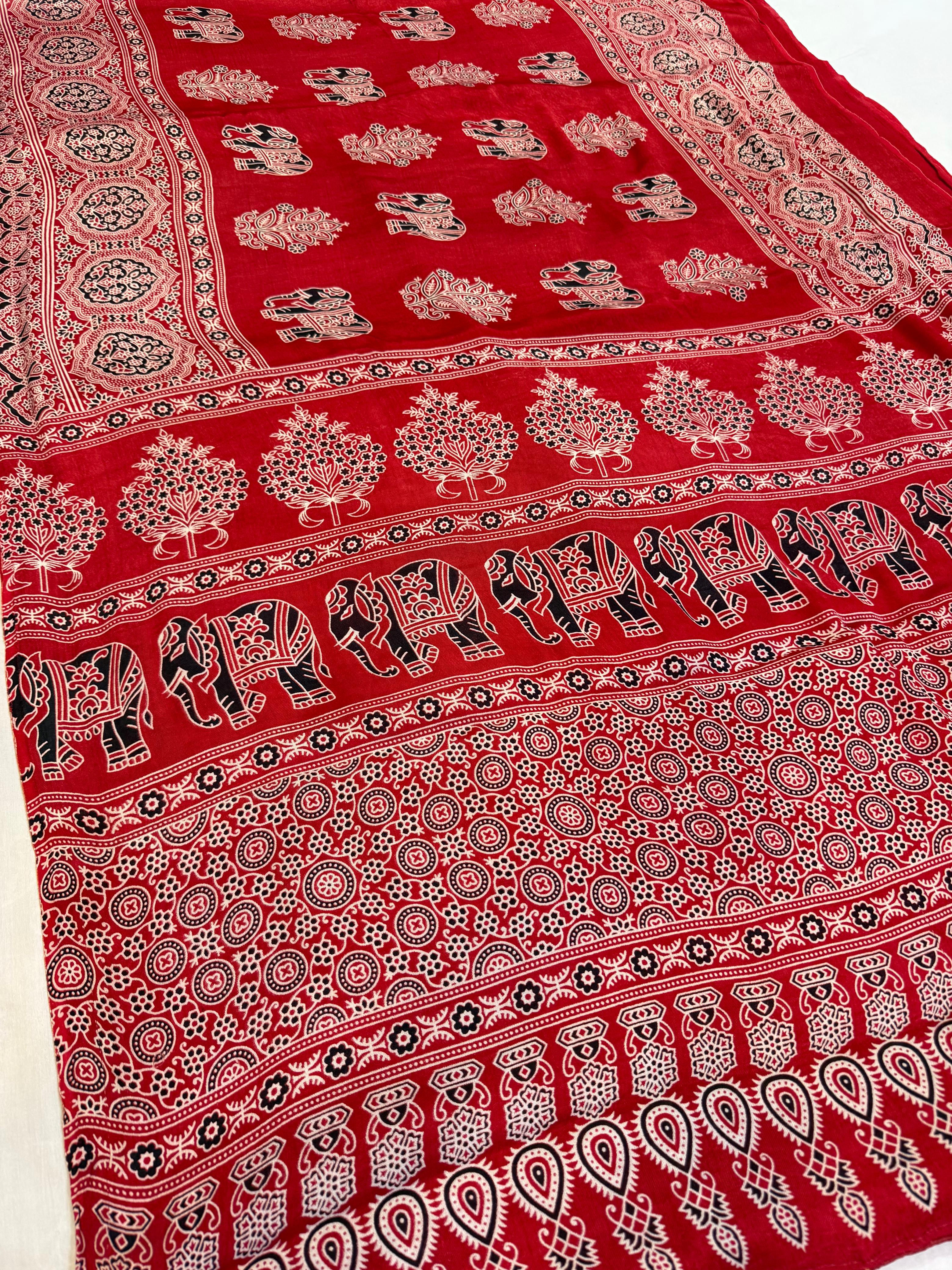 Modal Silk Saree With Jaipuri Print X Ajrakh Print