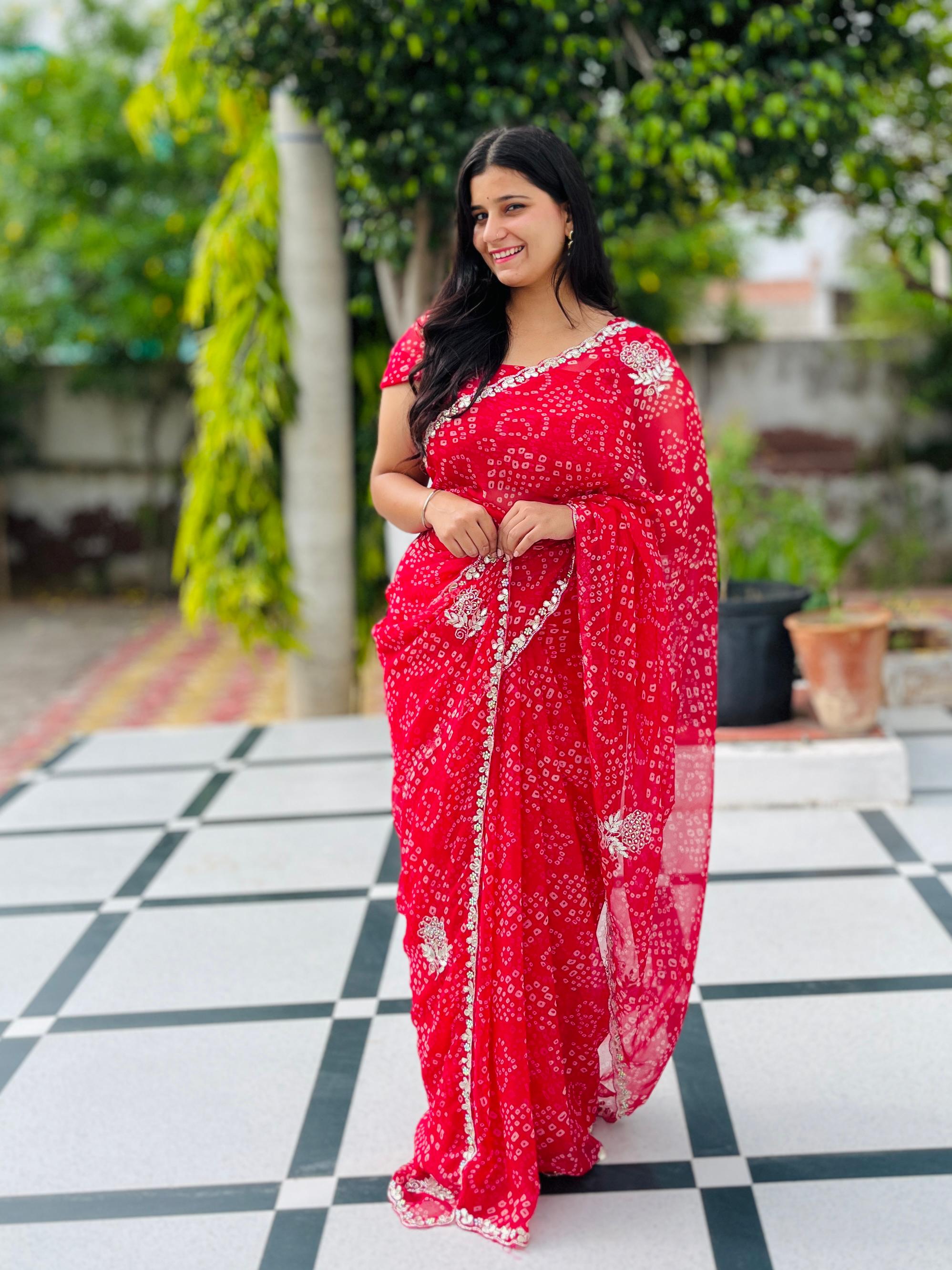 Beautiful Weightless Georgatte  Bandhani  saree With Handwork