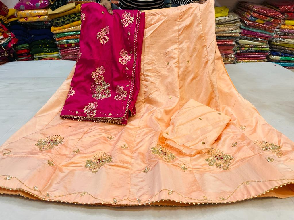 Naylon Dolla Silk Lahanga With Handwork And Naylon Mx Jari Dupatta