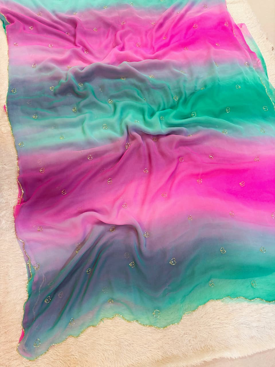 Designer Semi Chiffon Multi Colour Saree with Gold Butti Work