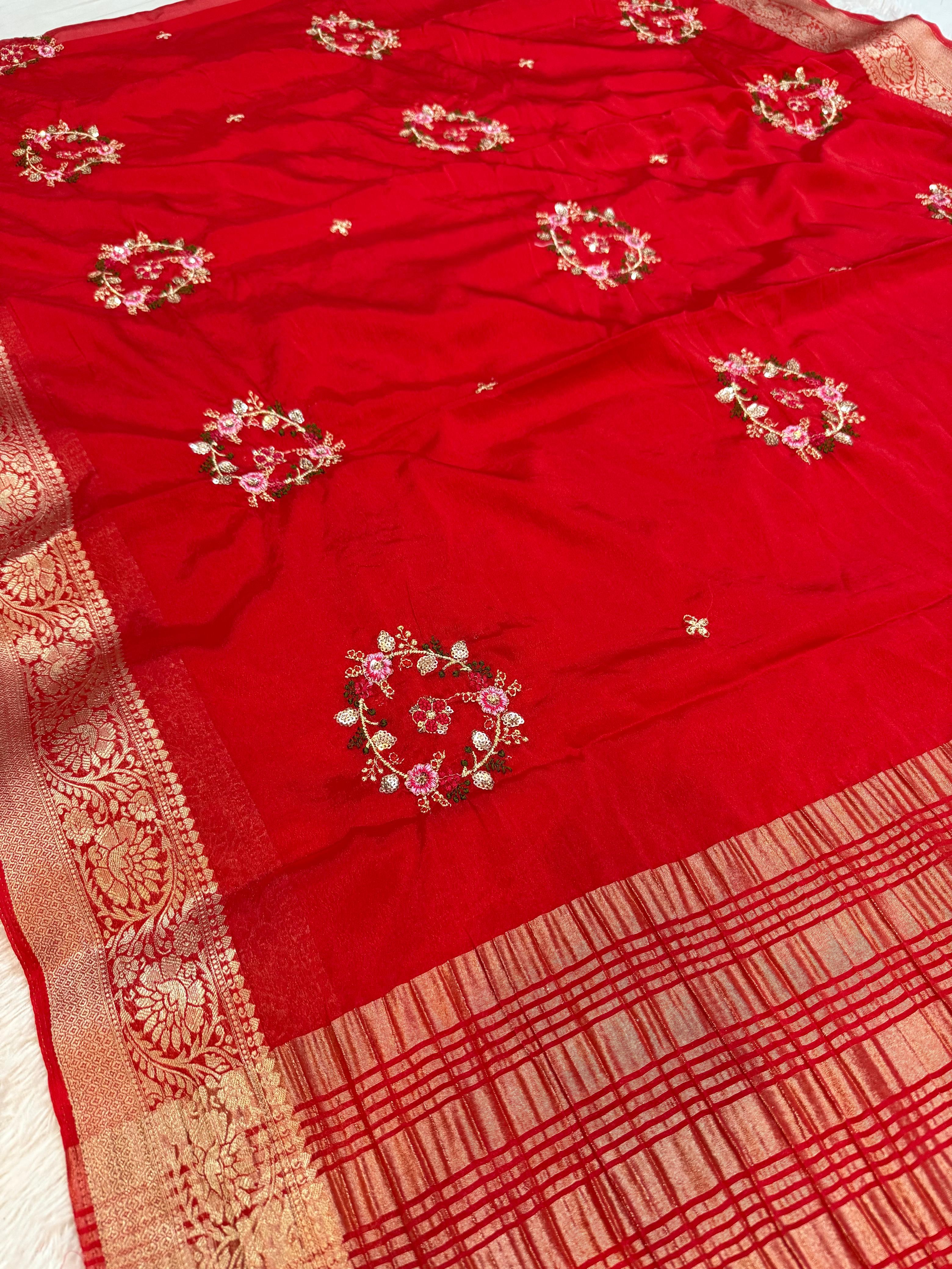 Beautiful D Chinon Saree With Handwork