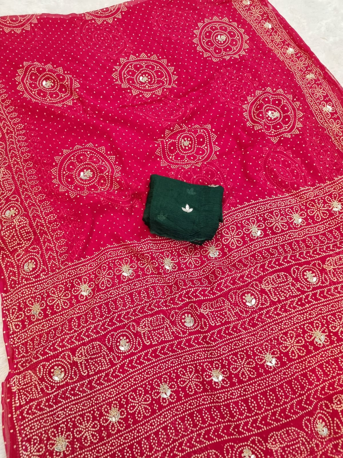 Traditional Bandhani Semi Chiffon Saree With Handwork
