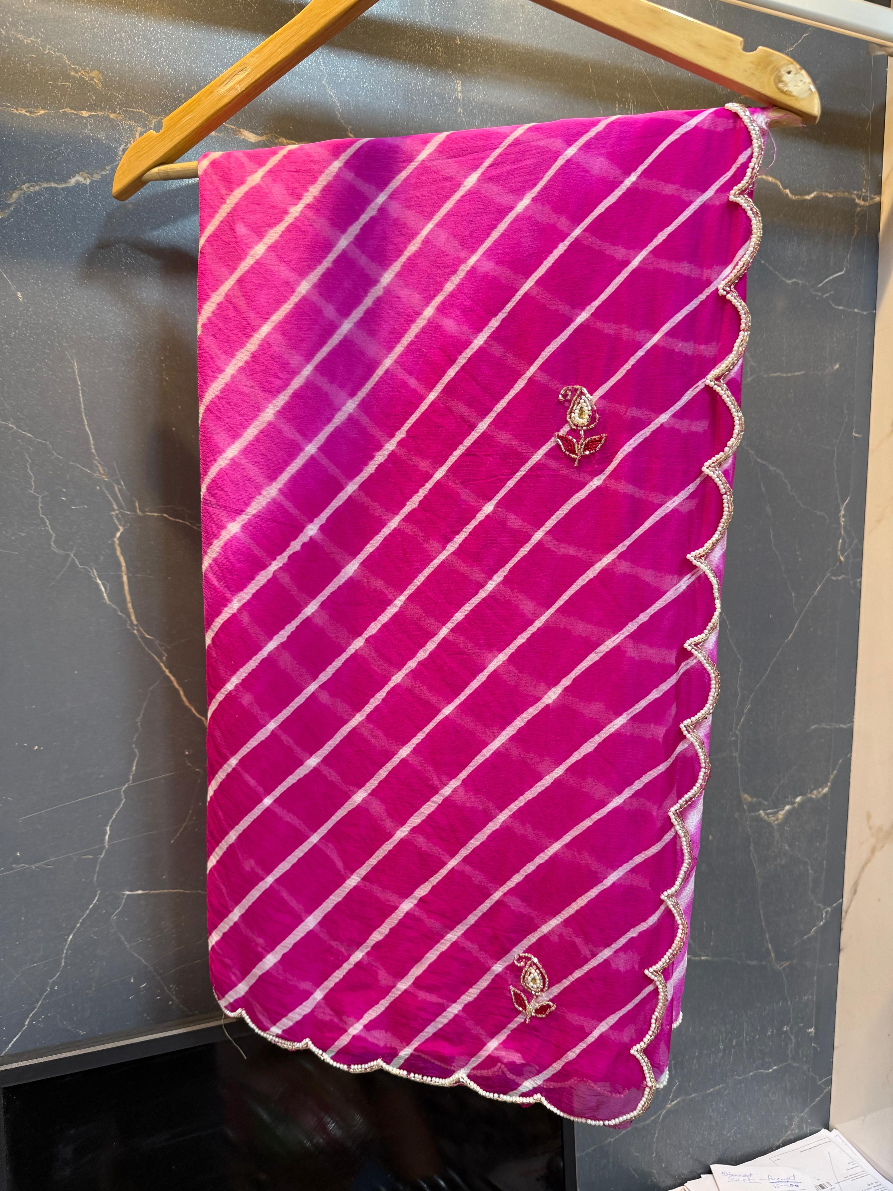 Beautiful Leheriya Hand Dye Saree With Handwork