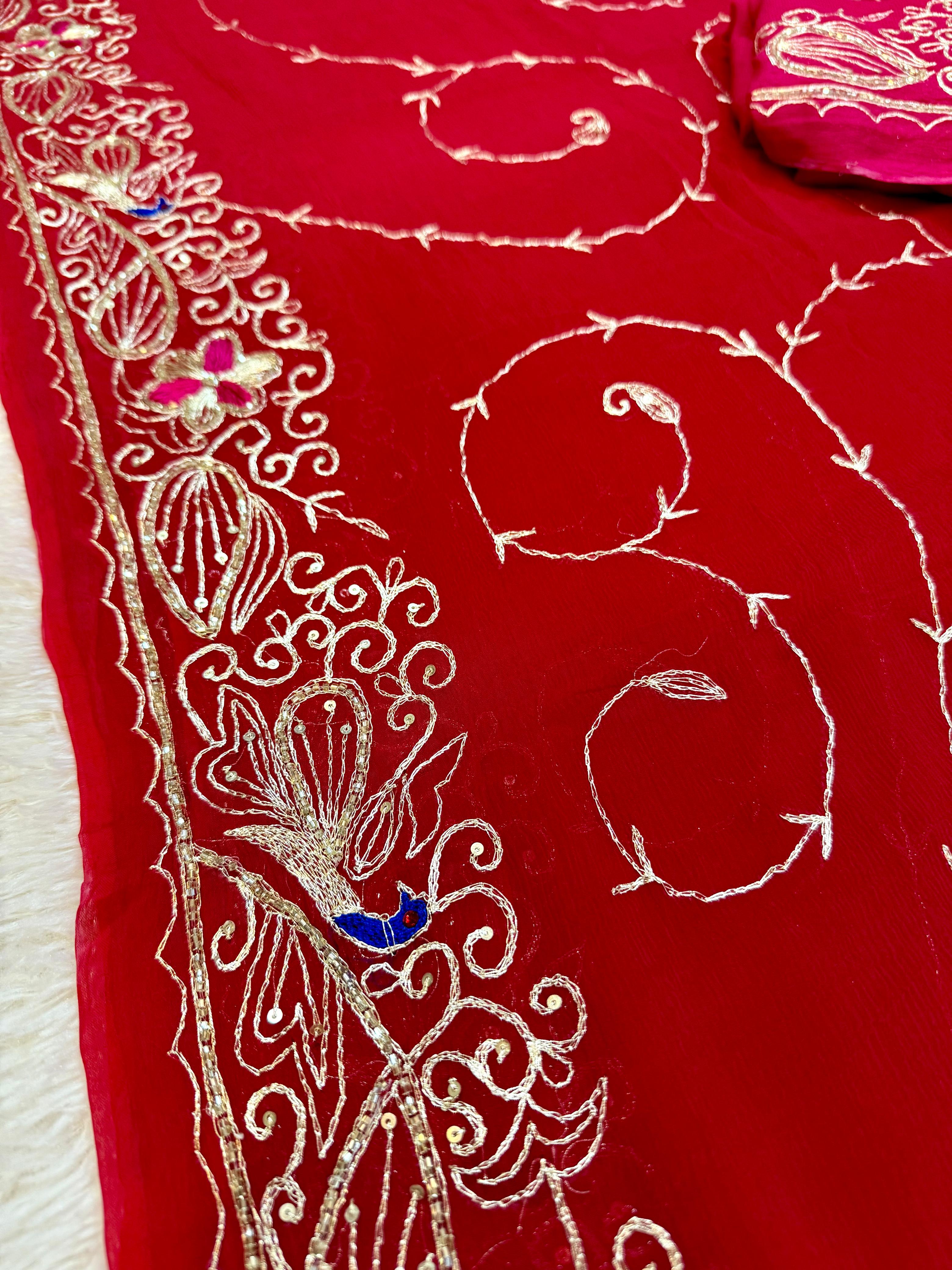 Luxury Multi Dye Pure Chiffon Kasab Jaal Handwork Rajwada Look Saree