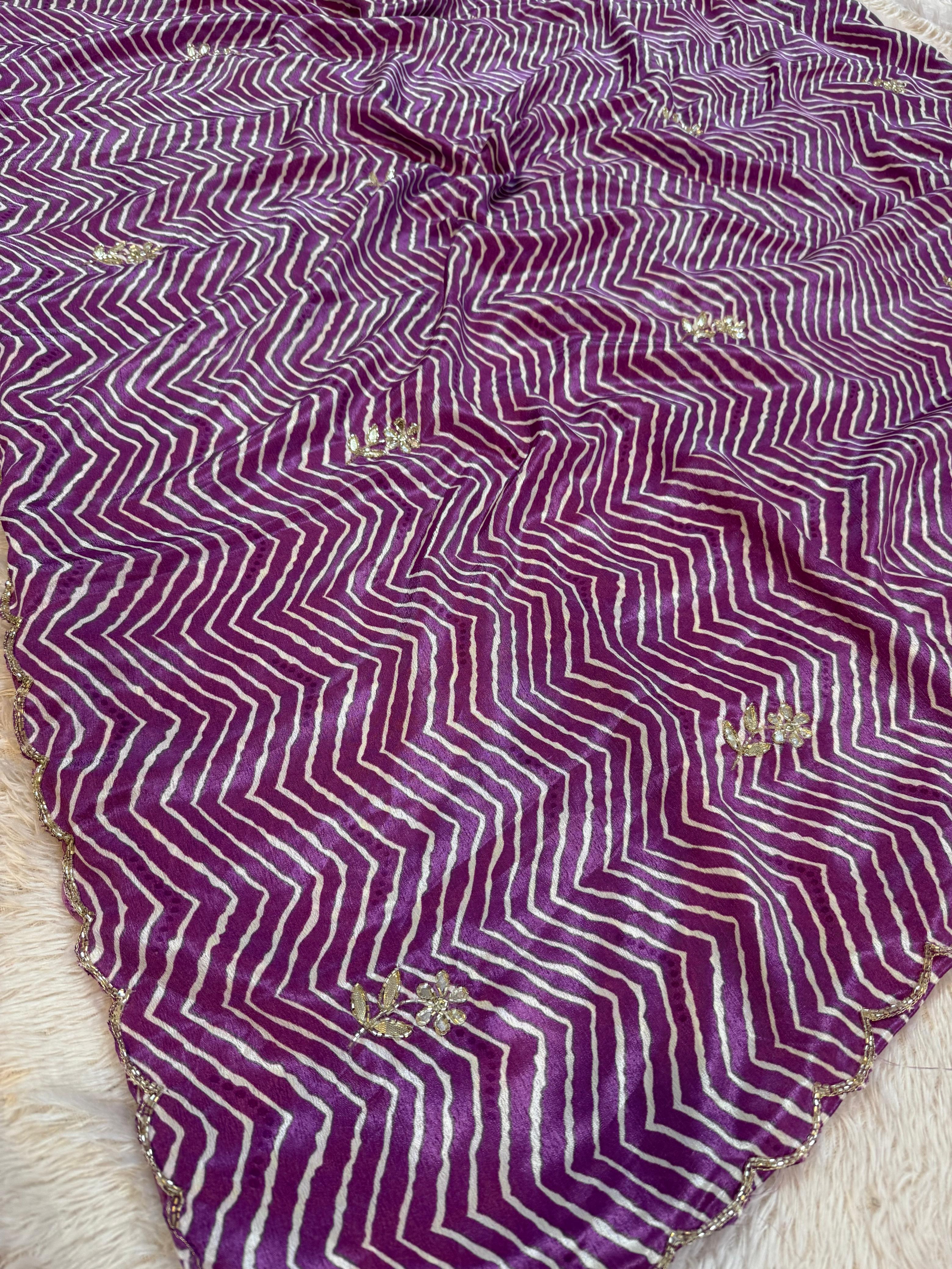 Beautiful Semi Chinon  Lahriya Saree With Handwork
