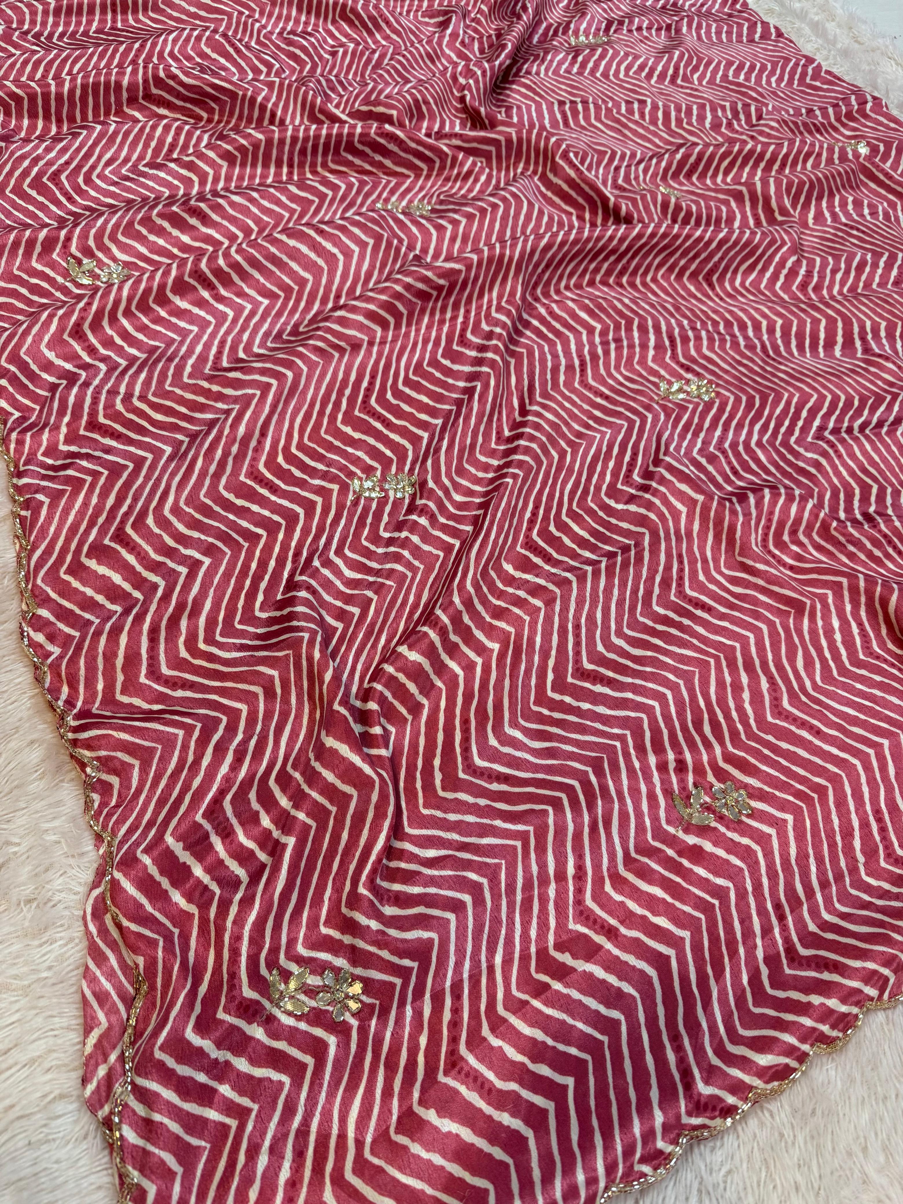 Beautiful Semi Chinon  Lahriya Saree With Handwork