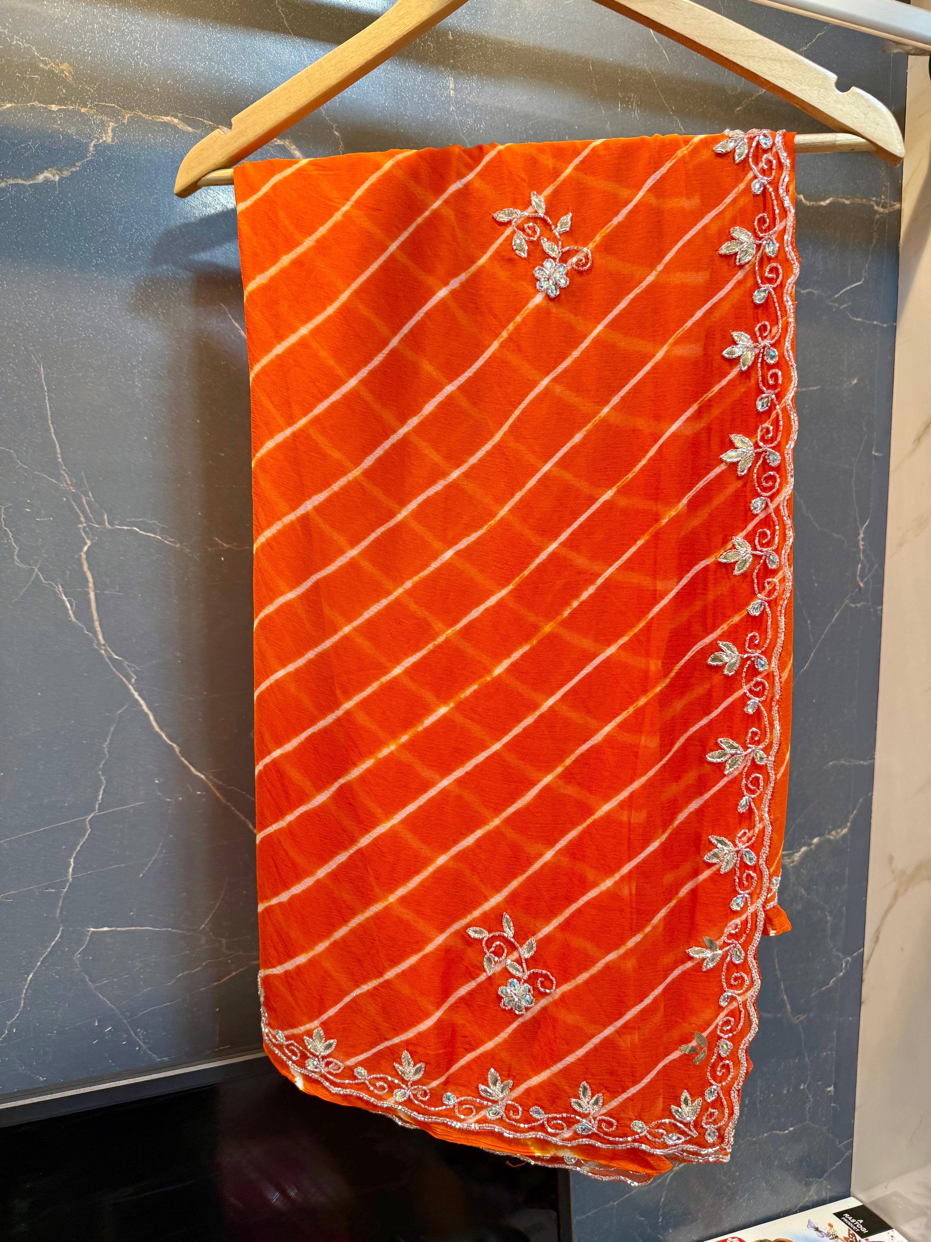 Beautiful Semi Chiffon Lahriya Saree With Handwork