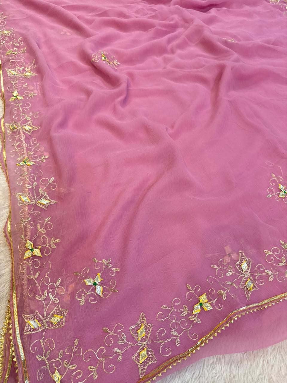 Beautiful Semi Chiffon Saree With Pittan X Gottapatti Work
