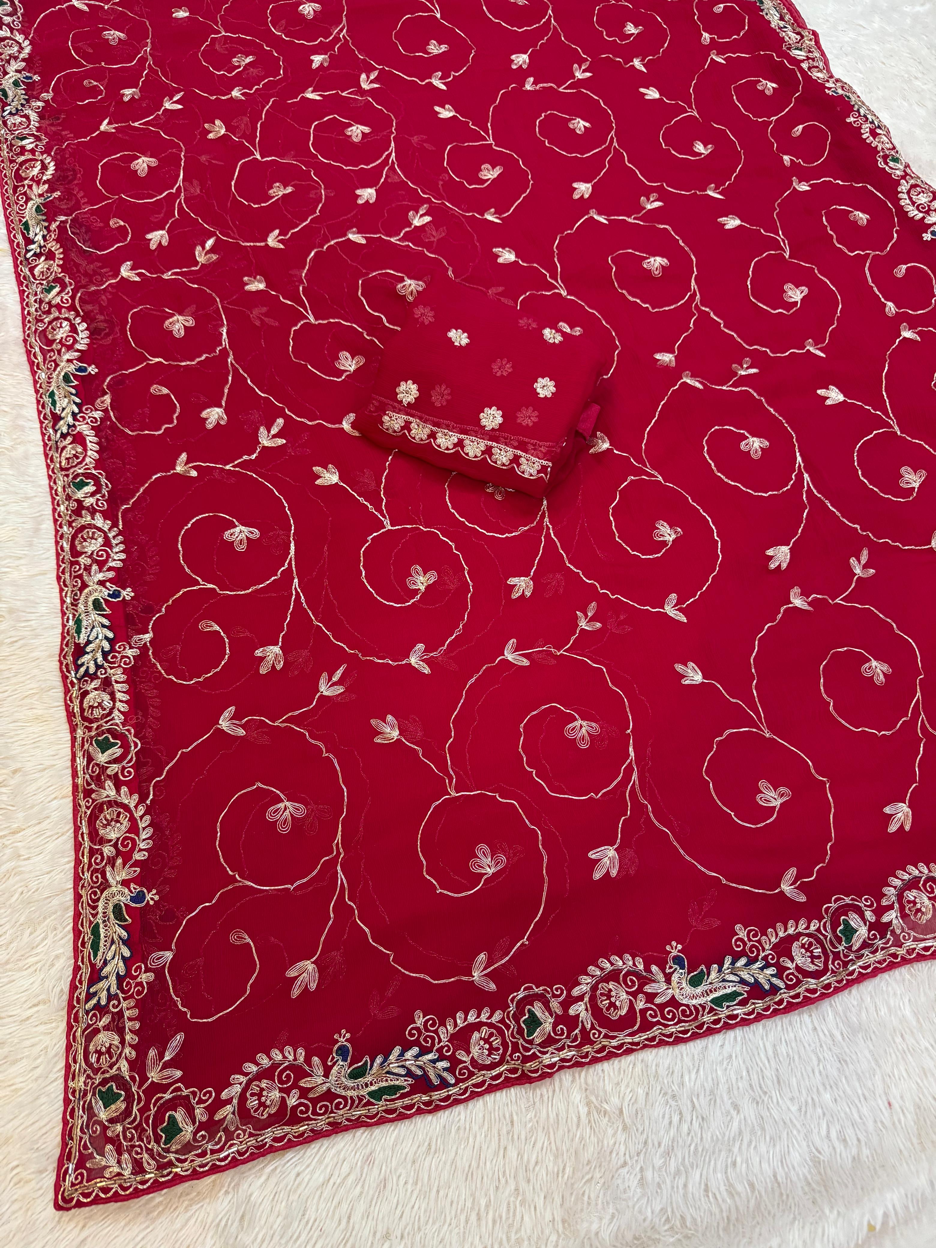 Karwa Chauth Special Semi Chiffon Saree With Pittan Jaal Work