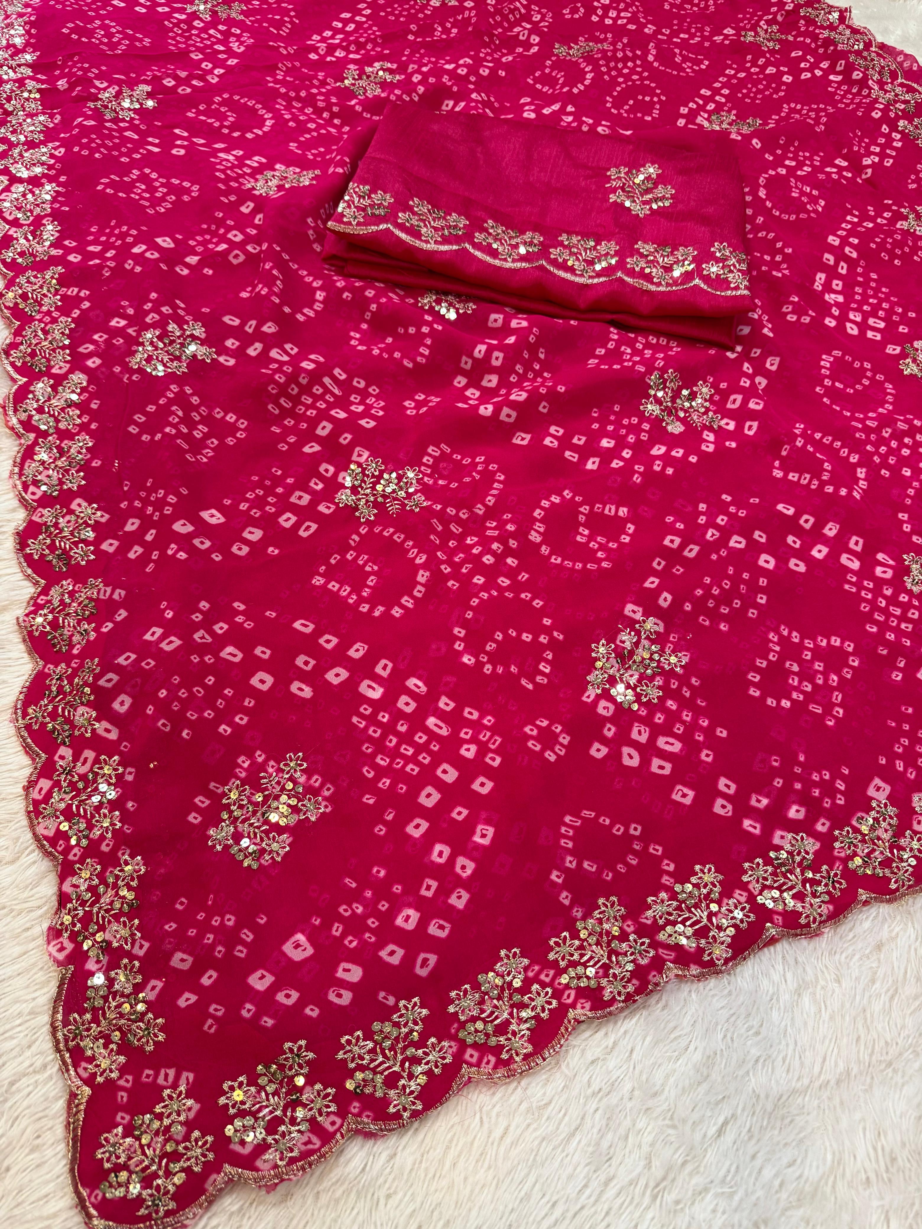 Traditional Georgatte  Bandhej Print Saree With Handwork