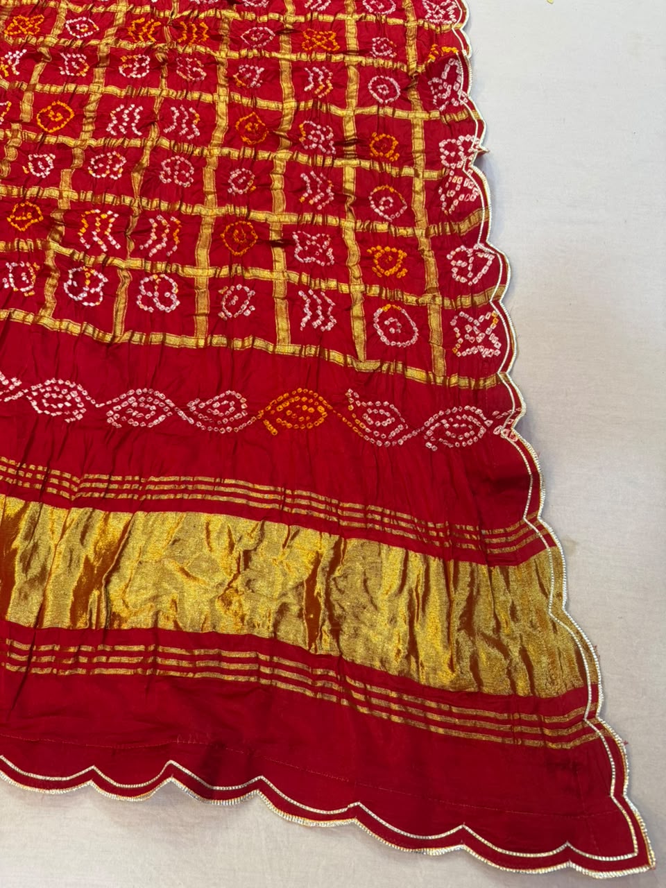 Traditional Red Bandhani Dupatta with Golden Zari Border