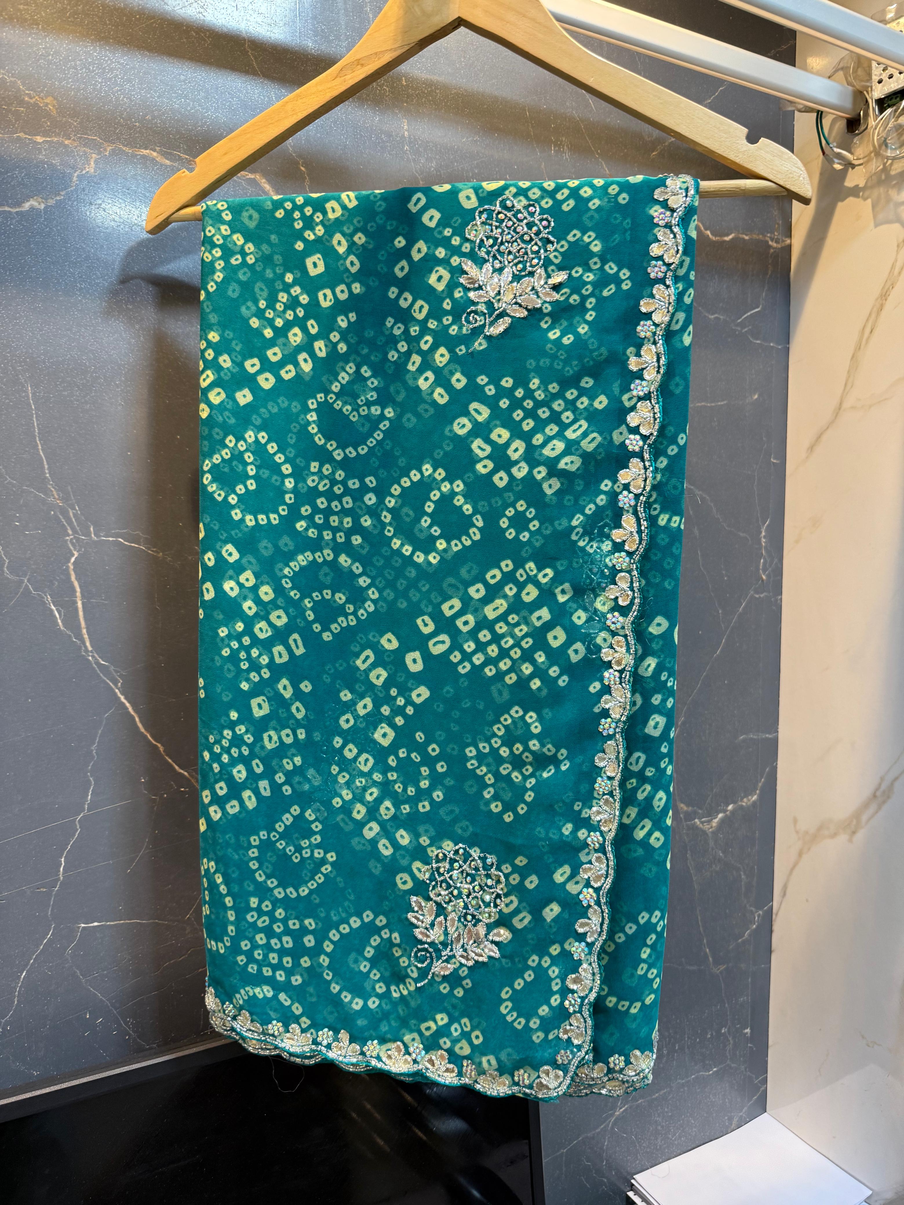 Beautiful Weightless Georgatte  Bandhani  saree With Handwork