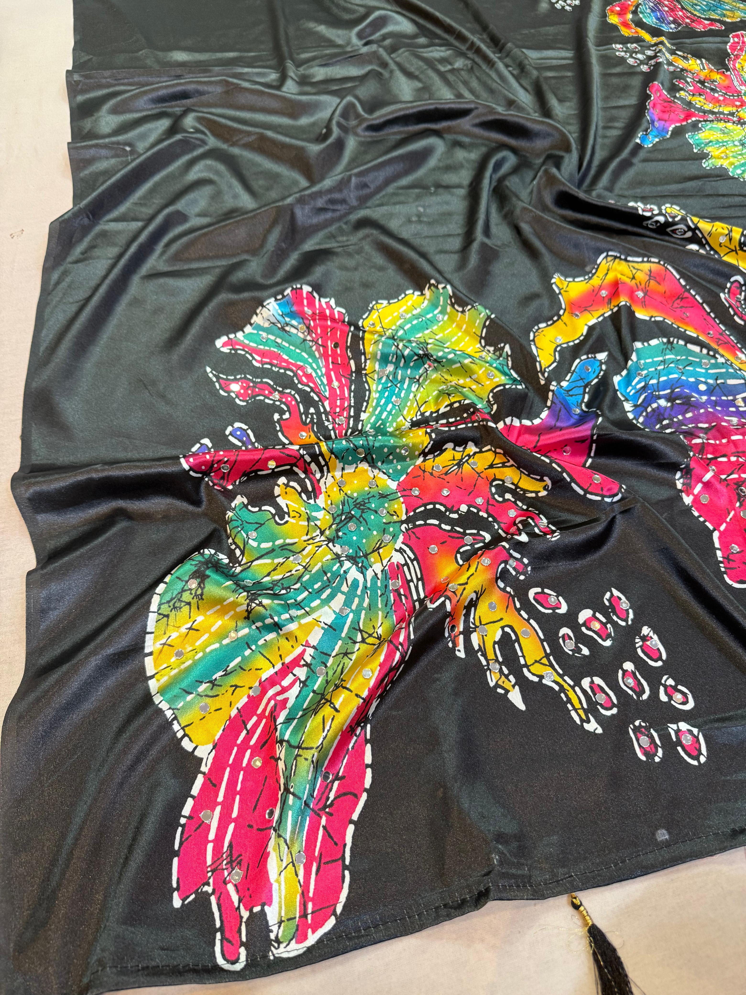 Latest Satin Silk Saree With Digital Print And Stone Handwork