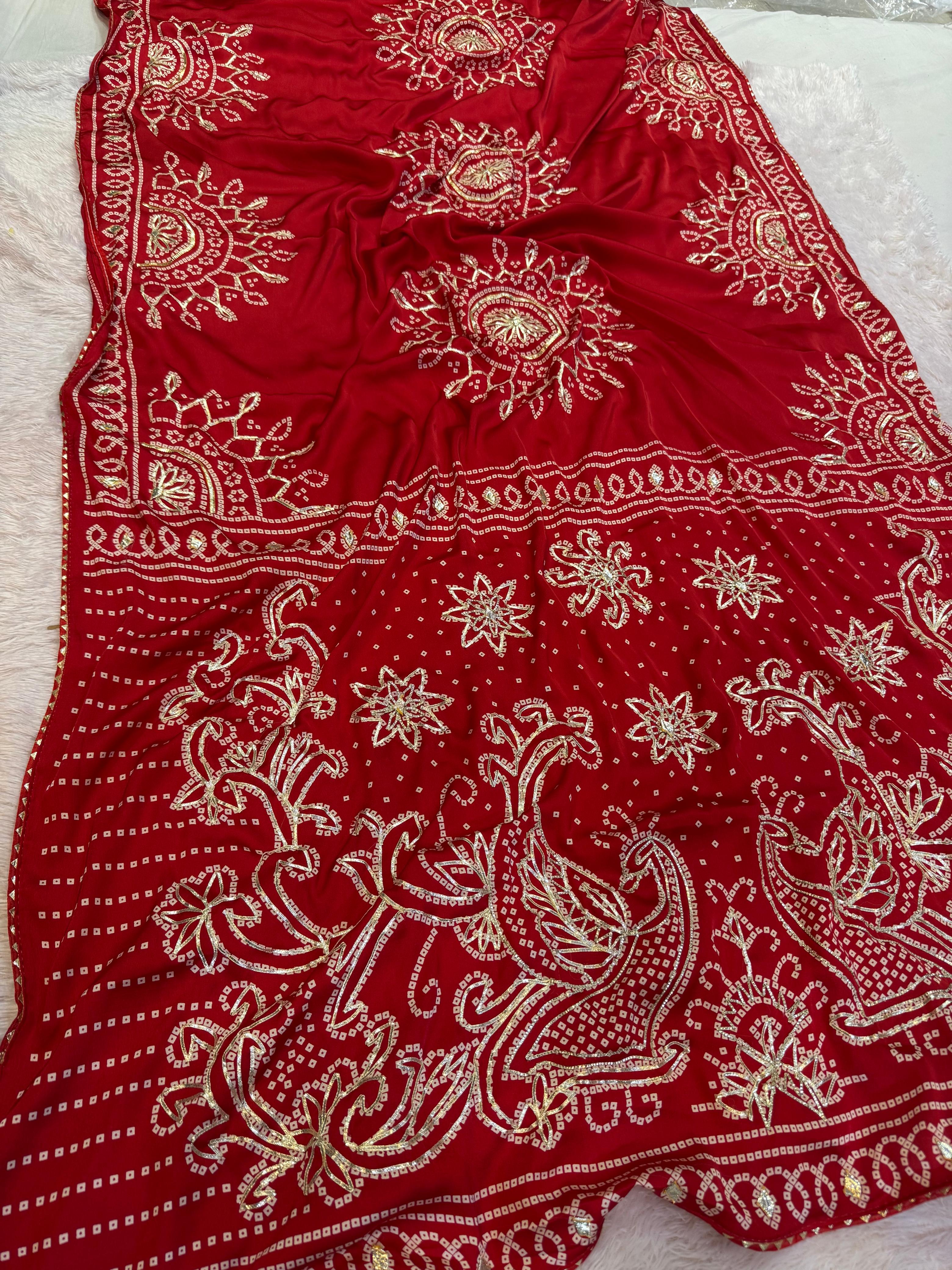 Beautiful Satin Silk Saree Bandhani Saree With Gottapatti Work