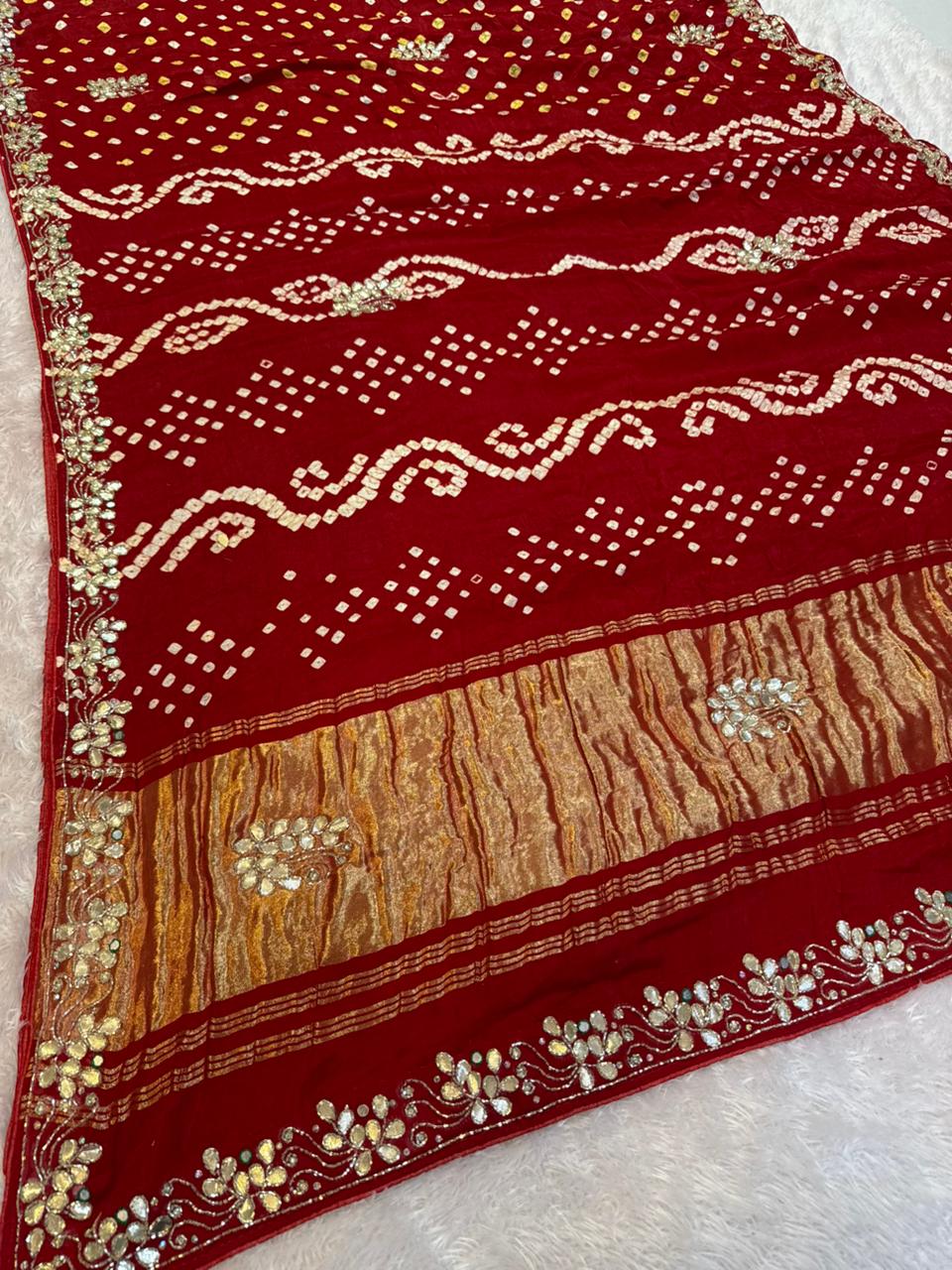 Beautiful Modal Silk Hand Bandhej Saree With Handwork
