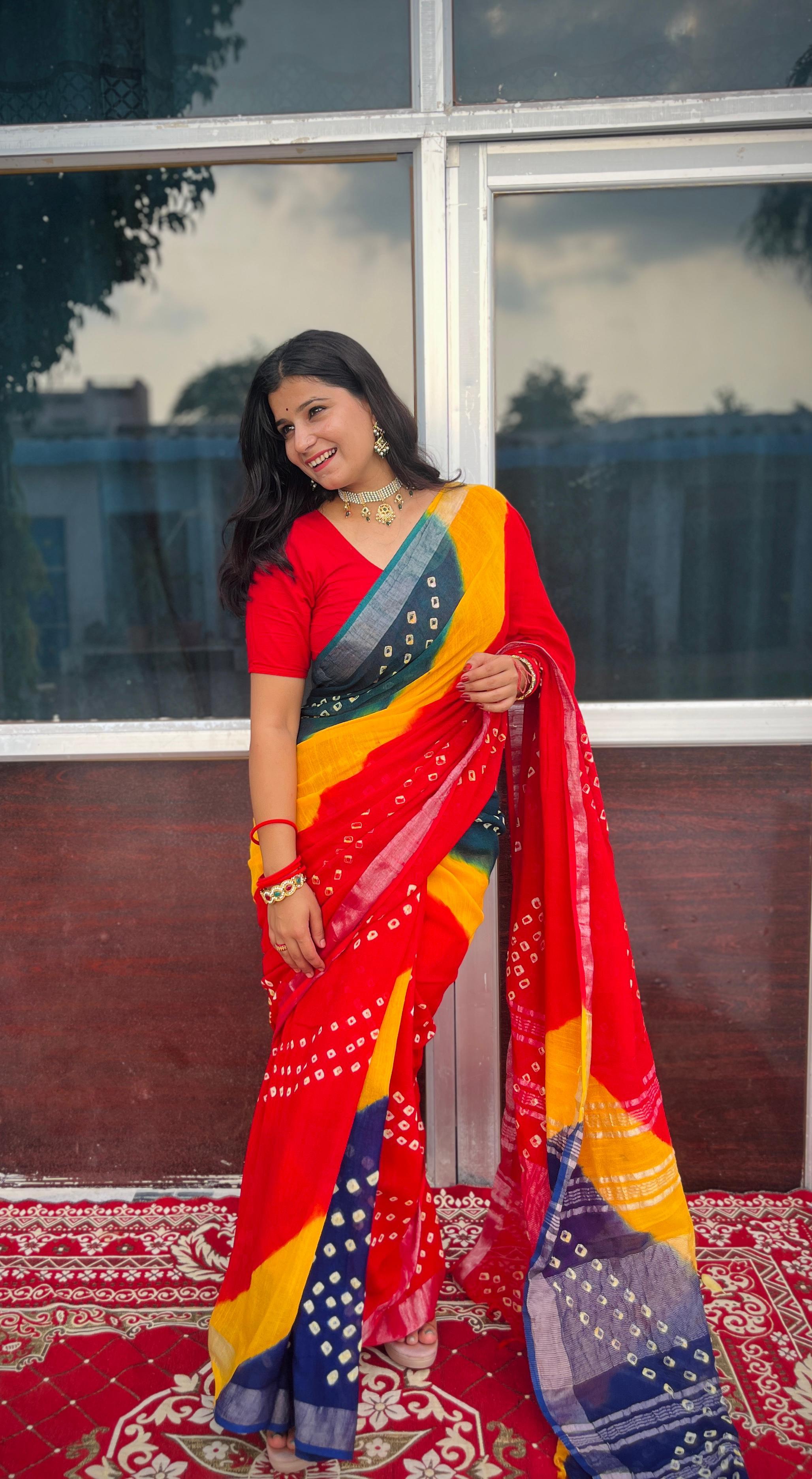 Linan Cotton Saree Hand Bandhej Jaipuri Design