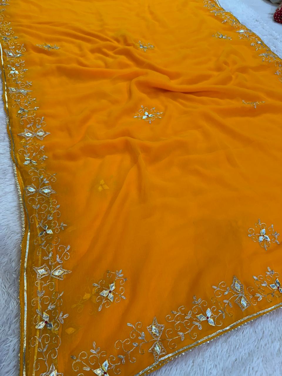 Beautiful Semi Chiffon Saree With Pittan X Gottapatti Work