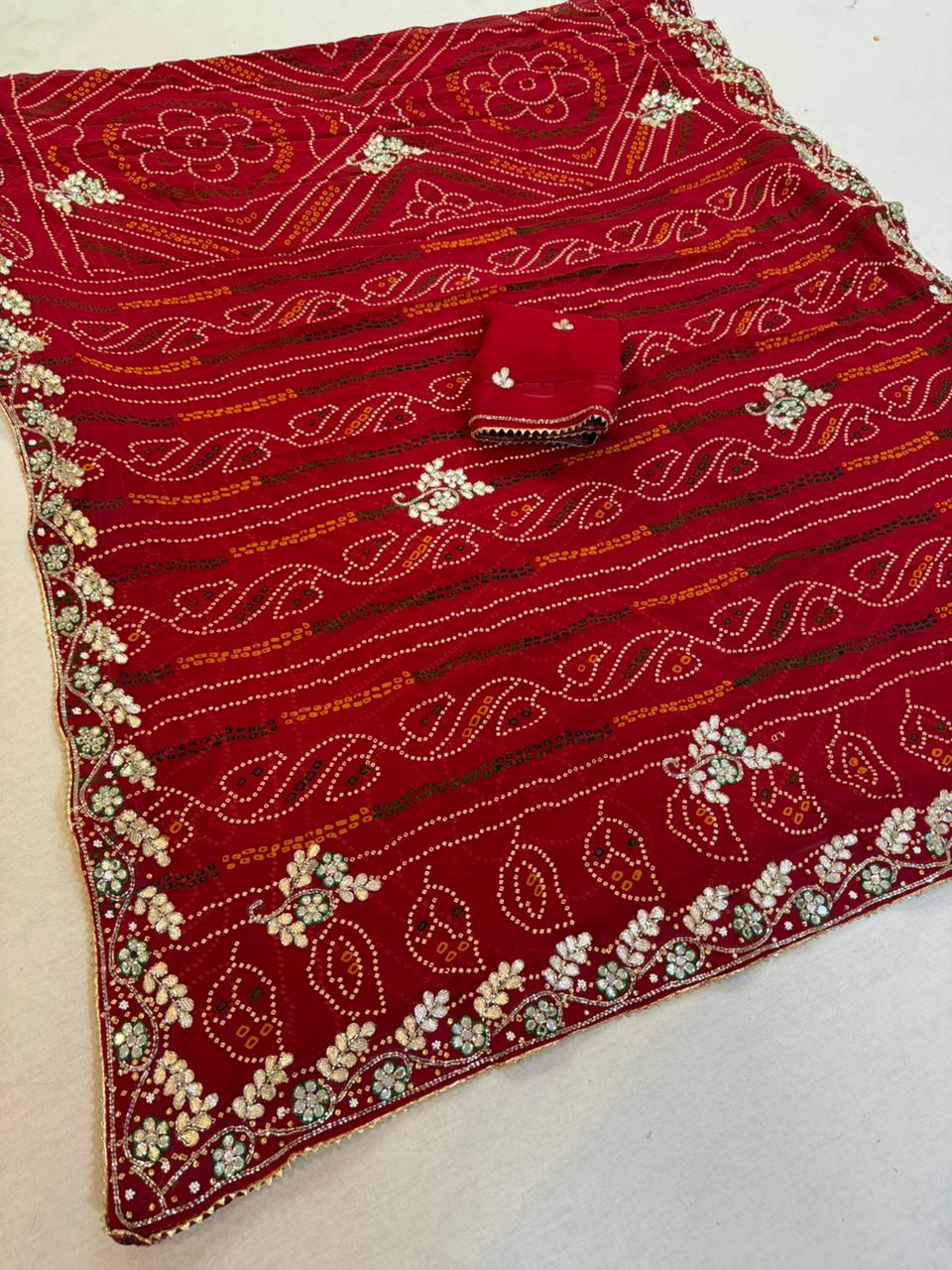 Beautiful Pure Viscose Georgatte Bandhani  Saree With Handwork