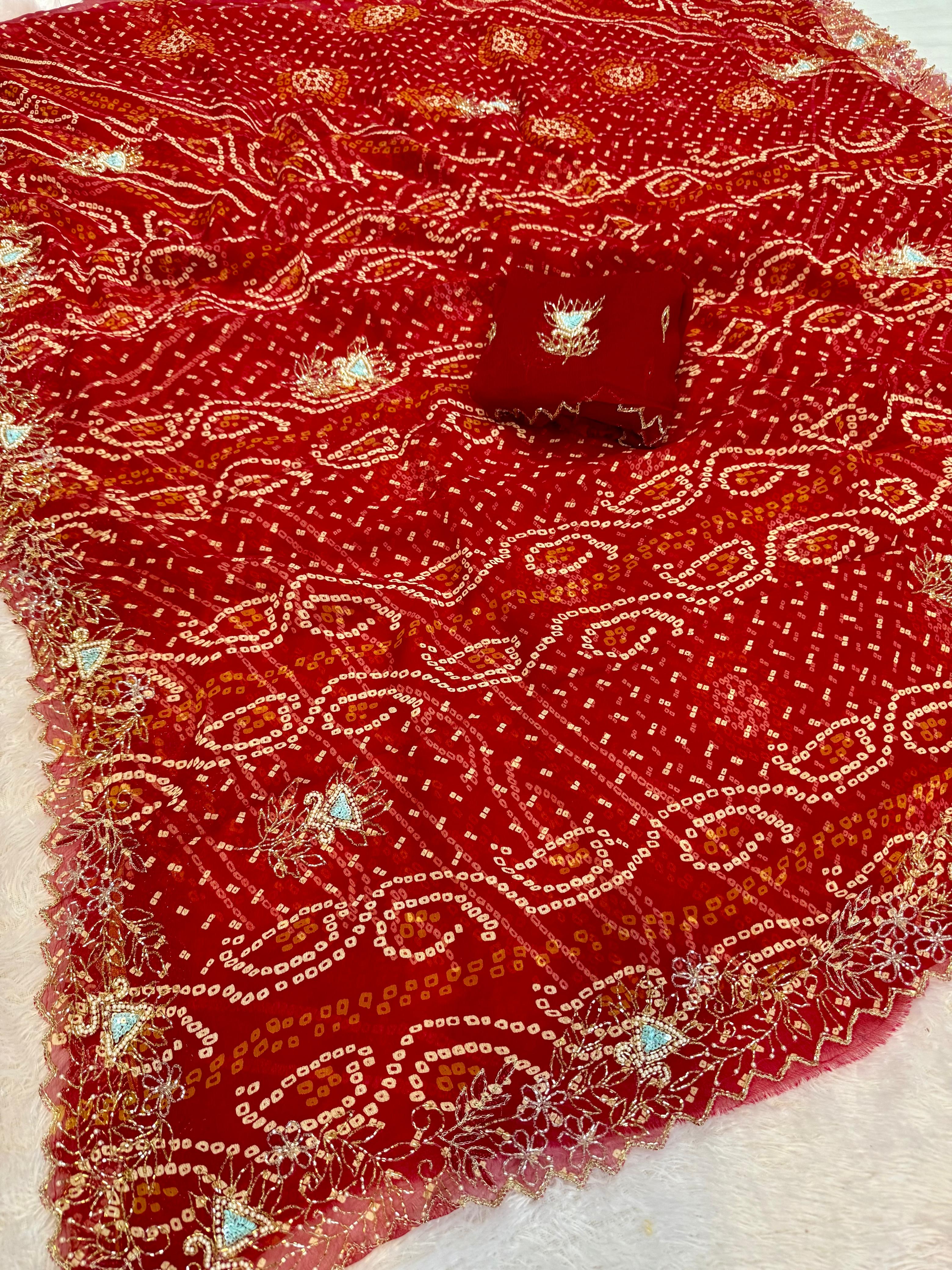 Traditional Pure Chiffon Bandhani Saree With Handwork