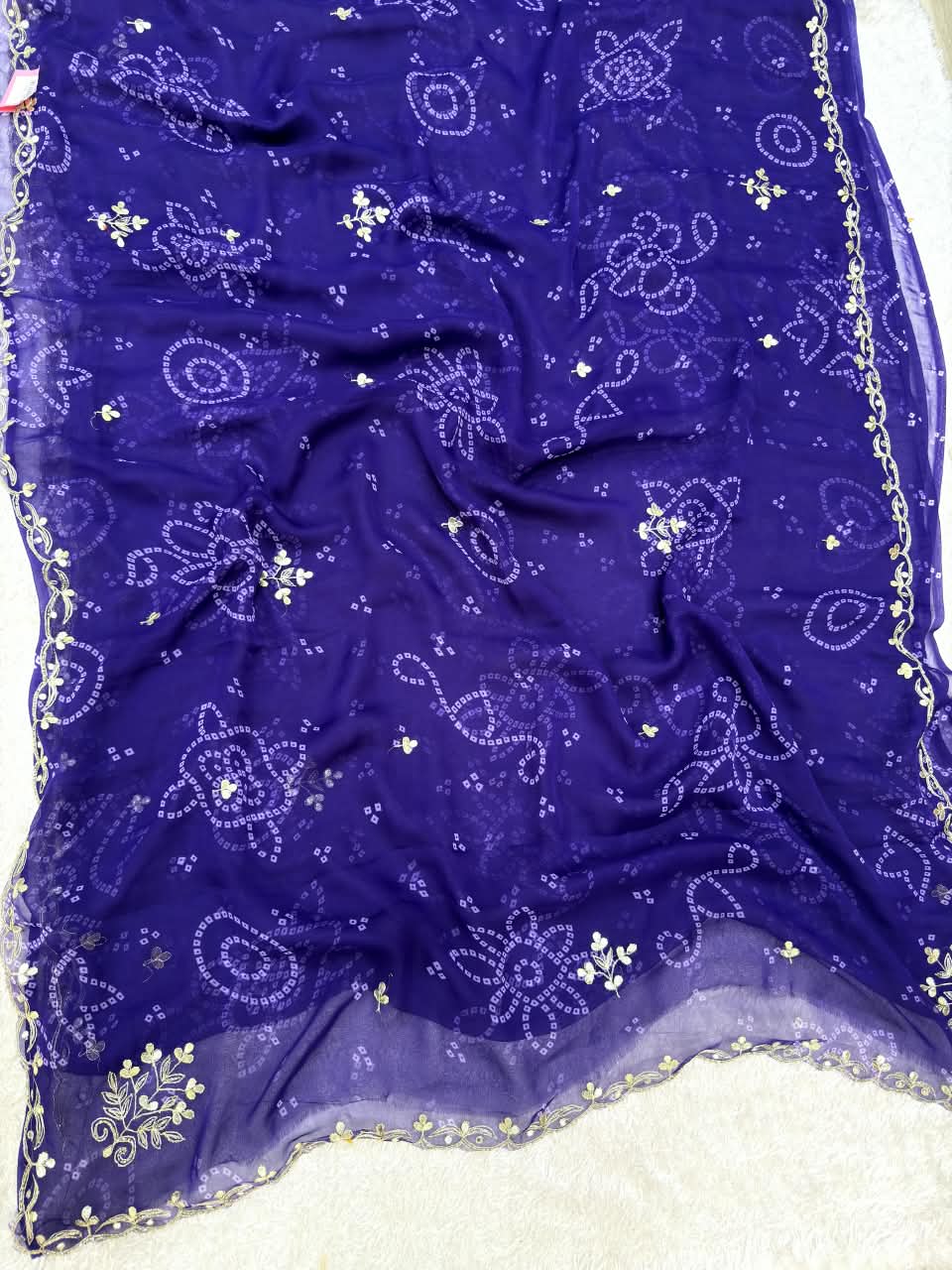 Beautiful Semi Chiffon Bandhani Saree With Handwork