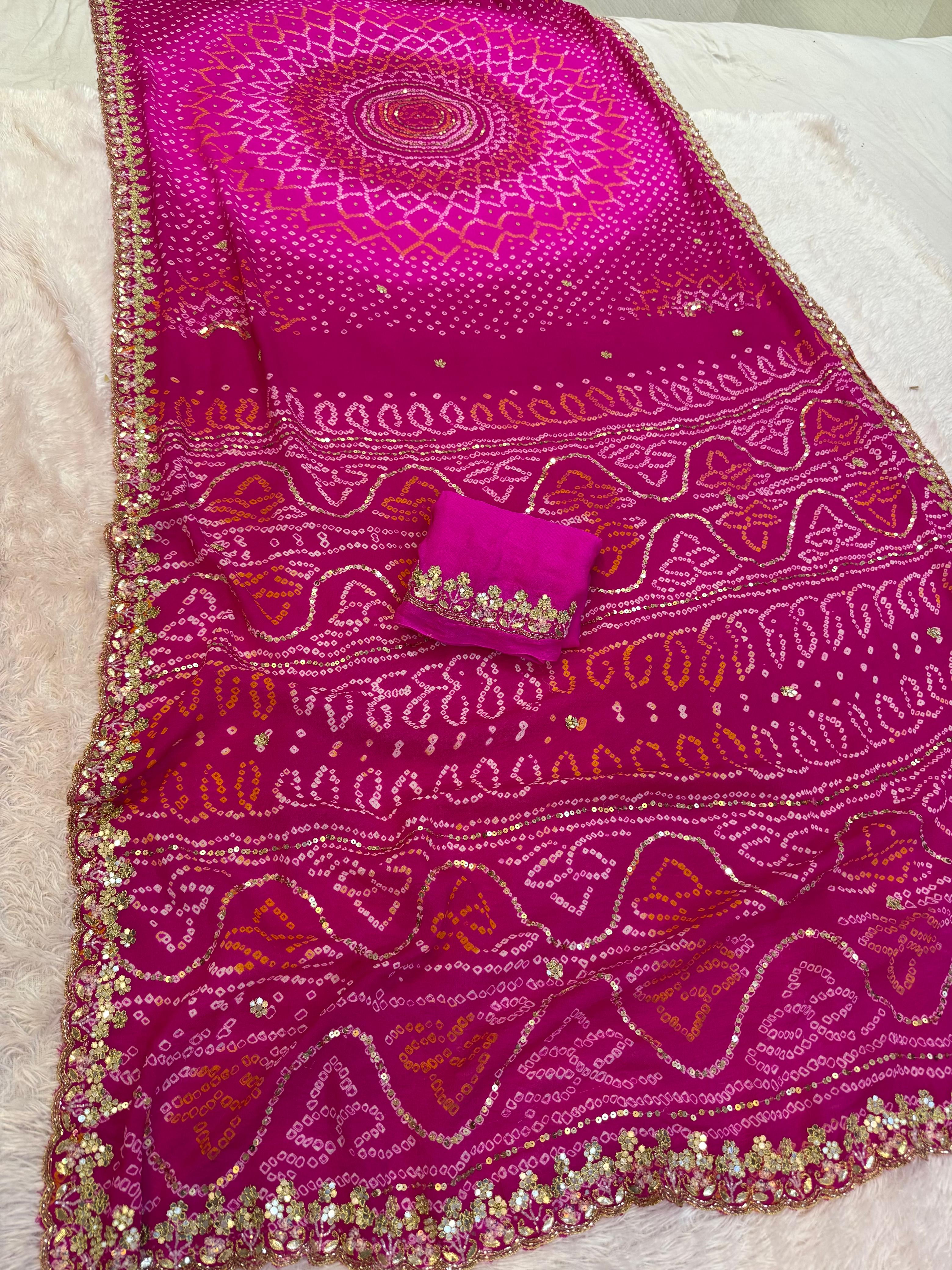 Traditional Pure Ojria Chiffon Hand Bandhani Saree With Handwork
